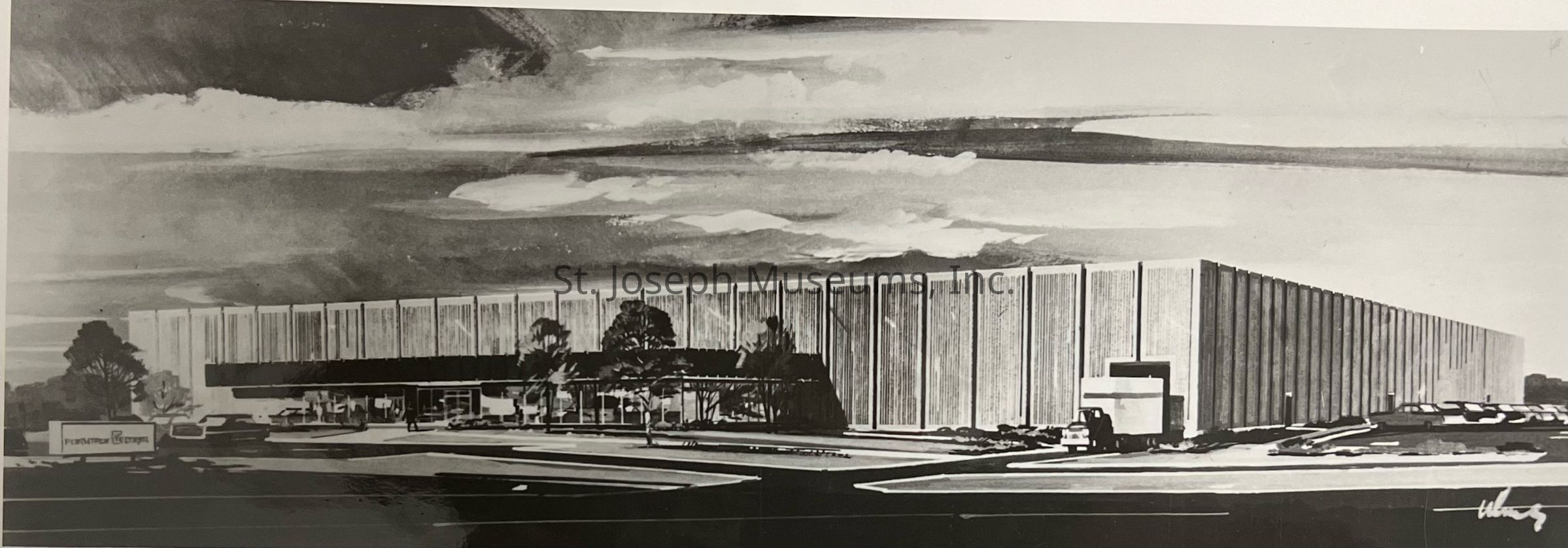 The image is an architectural drawing by Peachtree Doors Co., depicting a large, rectangular industrial building located at 6000 Industrial Drive, St. Joseph, Missouri. The design features a series of vertical panels along the facade, surrounded by trees and landscaping, with a visible Peachtree Doors sign.