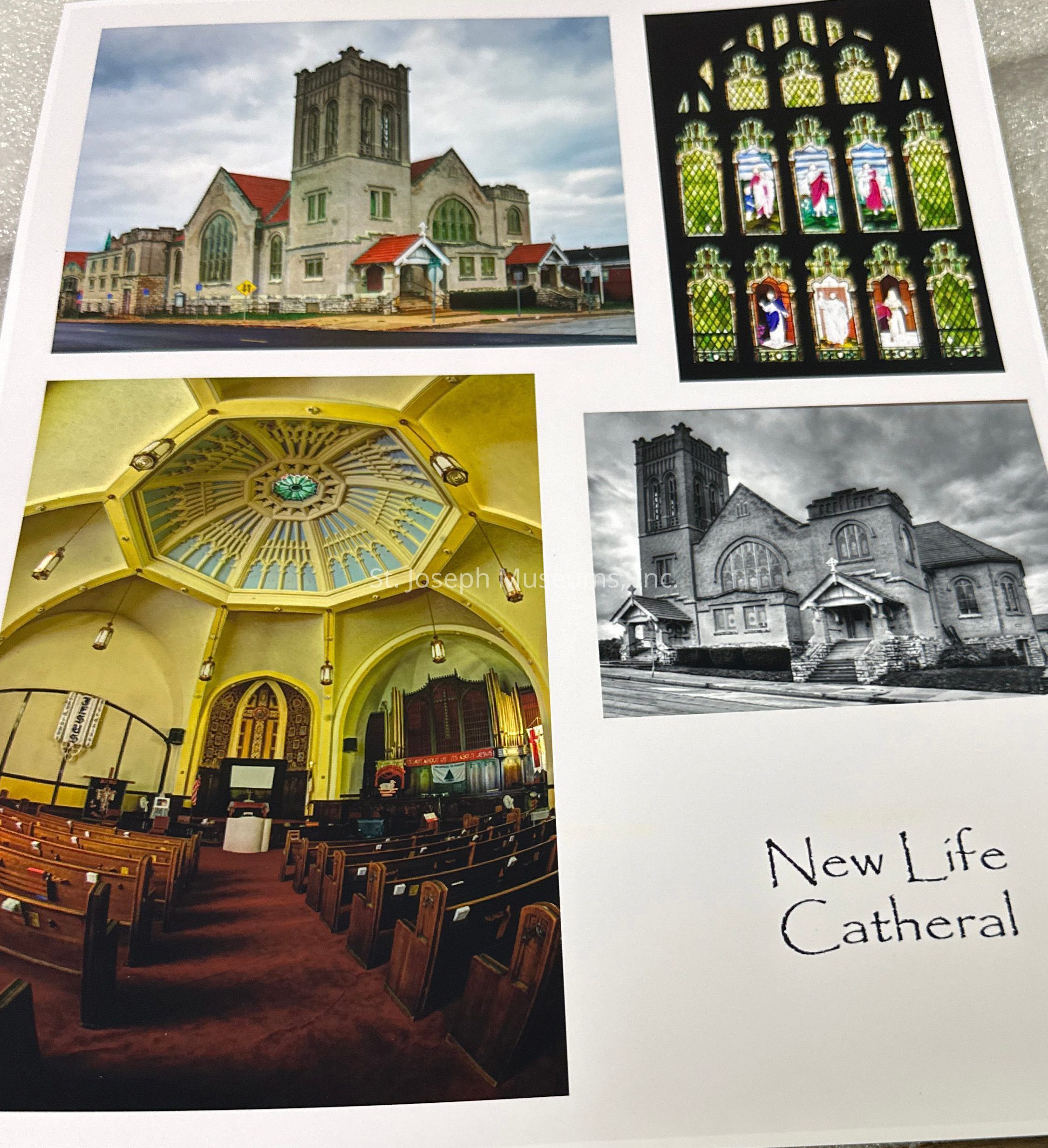A photo collage of the New Life Cathedral featuring four photos. On the top left is a colorized angle shot of the building from the outside at a corner diagonal to the entrance. It shows off the tall square turret and stained glass windows, nearby buildings, and two main entrances, as well as an attached side building. The top left photo is colorized and depicts an arched stained glass window with religious iconography. The bottom left photo is a colorized wide angle shot of the sanctuary of the church, showing several rows of pews, an altar with an intricate cross behind it, as well as a choir pulpit and pipe organ. The bottom right picture is a black and white photo of the outside of the building, taken from the corner to the right of the top left, colorized version. It shows the back portion of the building.