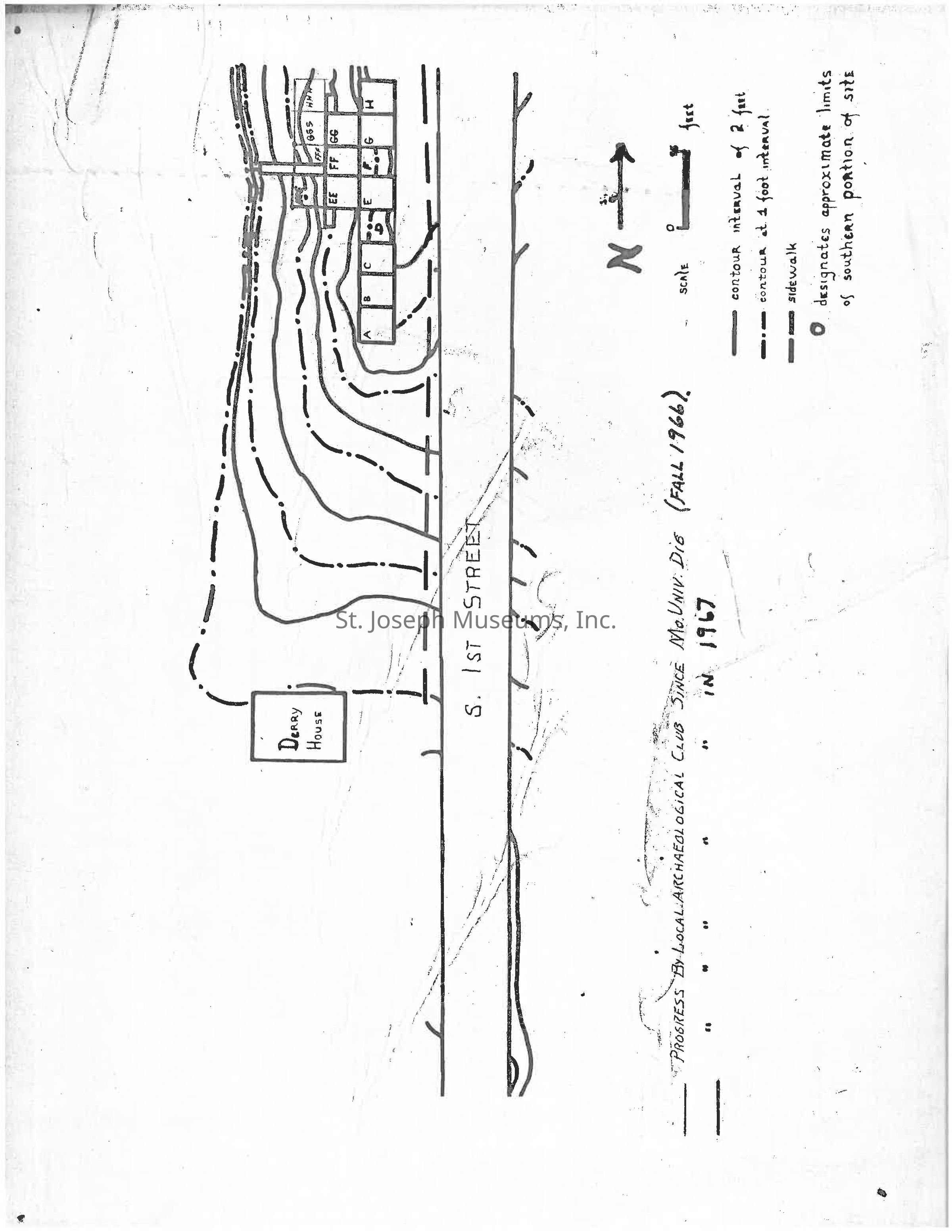 Click for PDF: The image depicts a hand-drawn map labeled "Dairy House" situated alongside "S. 1st Street," illustrated with contour lines indicating elevation differences at 2-foot and 4-foot intervals. The map includes a section marked with approximate limits of the southern portion of the site, accompanied by a north directional arrow and a scale in feet. Several rectangular plots are outlined and labeled with letters or numbers, indicating specific areas within the site.