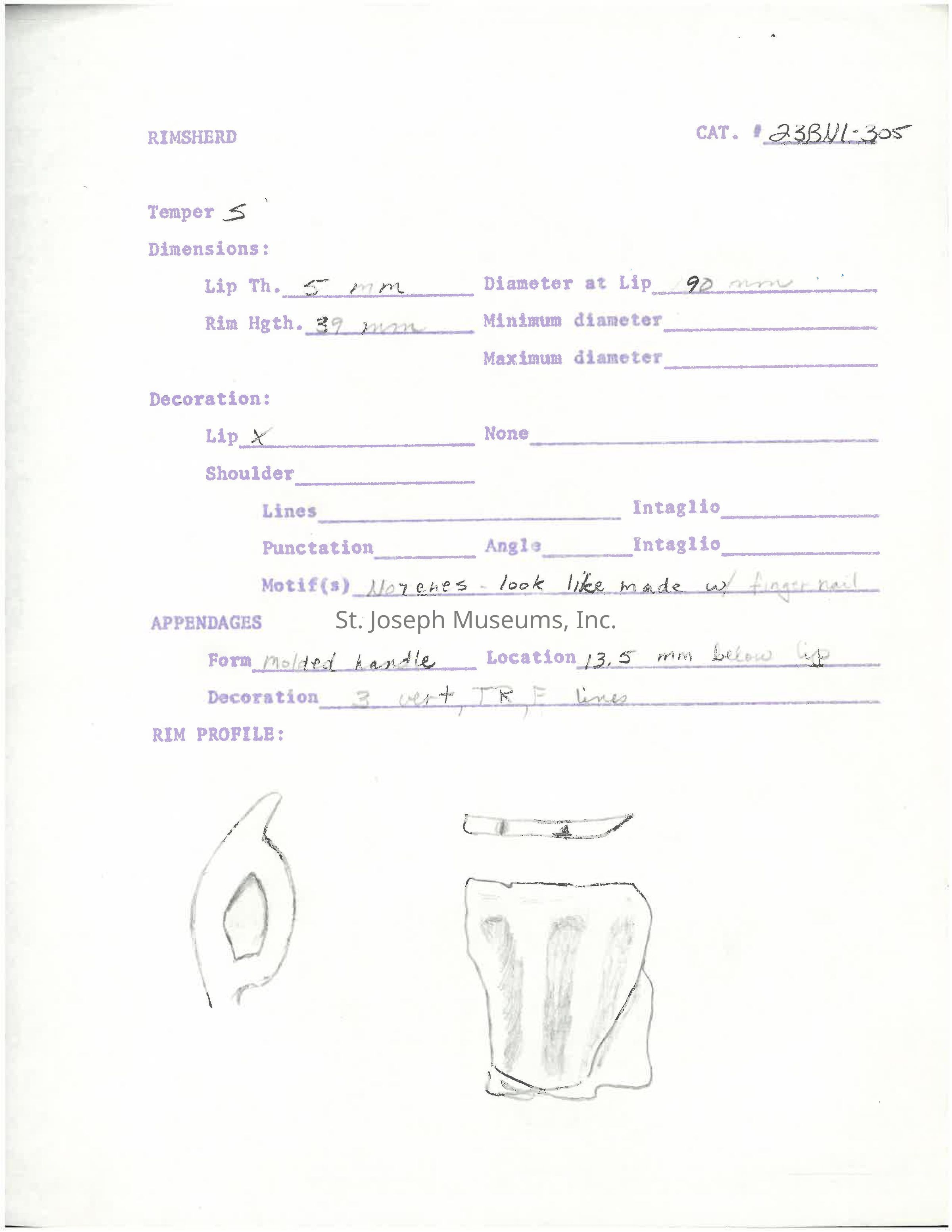 Click for full PDF: The image is a detailed archaeological record of a rimsherd, catalogued as 23BN1-305, with a description citing a temper classified as "5" and dimensions including a lip thickness of 5 mm and a diameter at the lip of 90 mm. The rim height is 39 mm, and decoration notes indicate a motif resembling marks made with a fingernail. There is a detailed description of the appendages, noting a molded handle located 13.5 mm below the lip