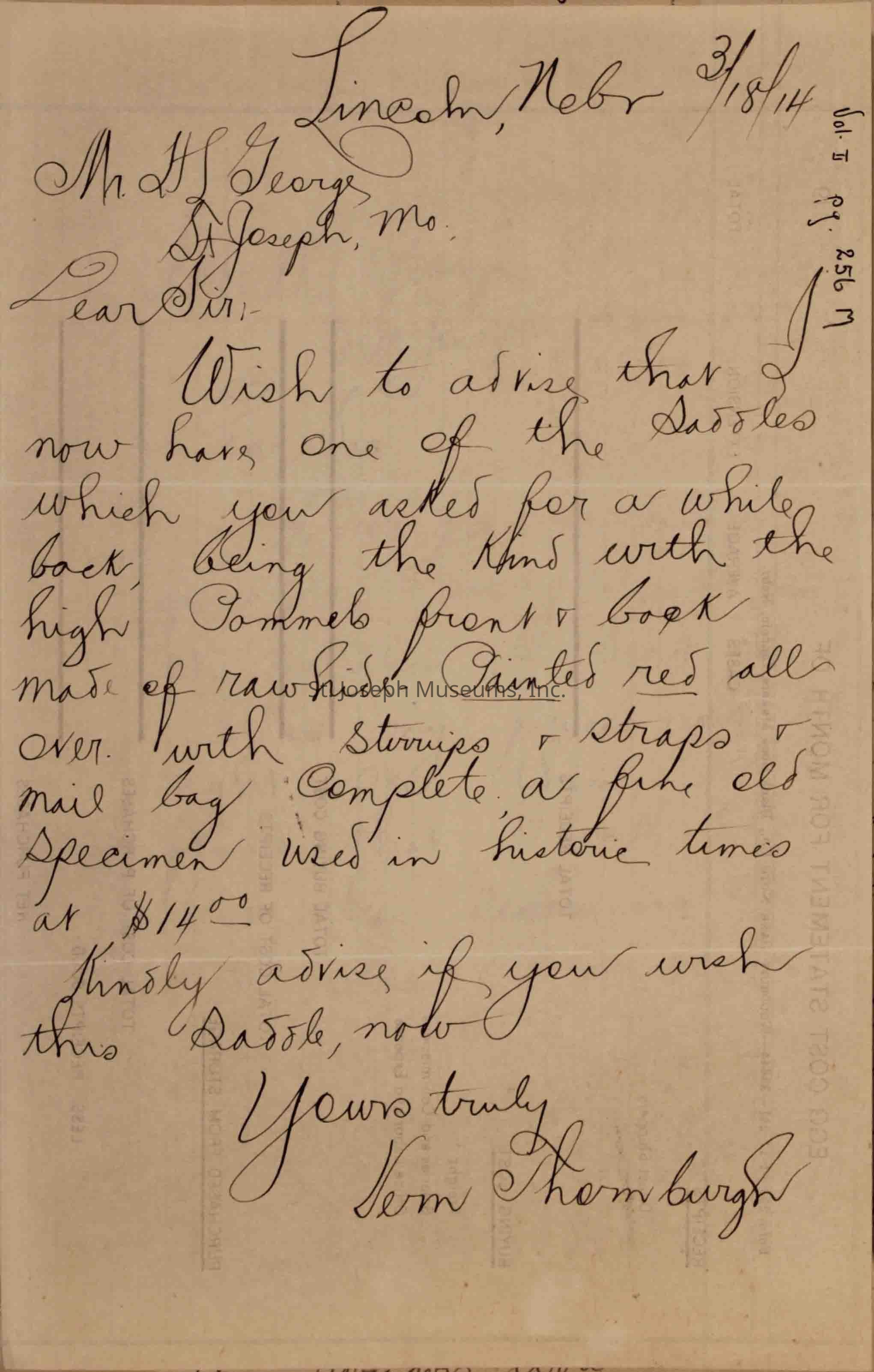The image displays a handwritten letter dated March 18, 1914, from Lincoln, Nebraska, addressed to Harry L. George in St. Joseph, Missouri. The writer informs Mr. George about possessing a saddle of the type he previously inquired about. This saddle has a high pommel front and back, is made of rawhide, and is painted red.
