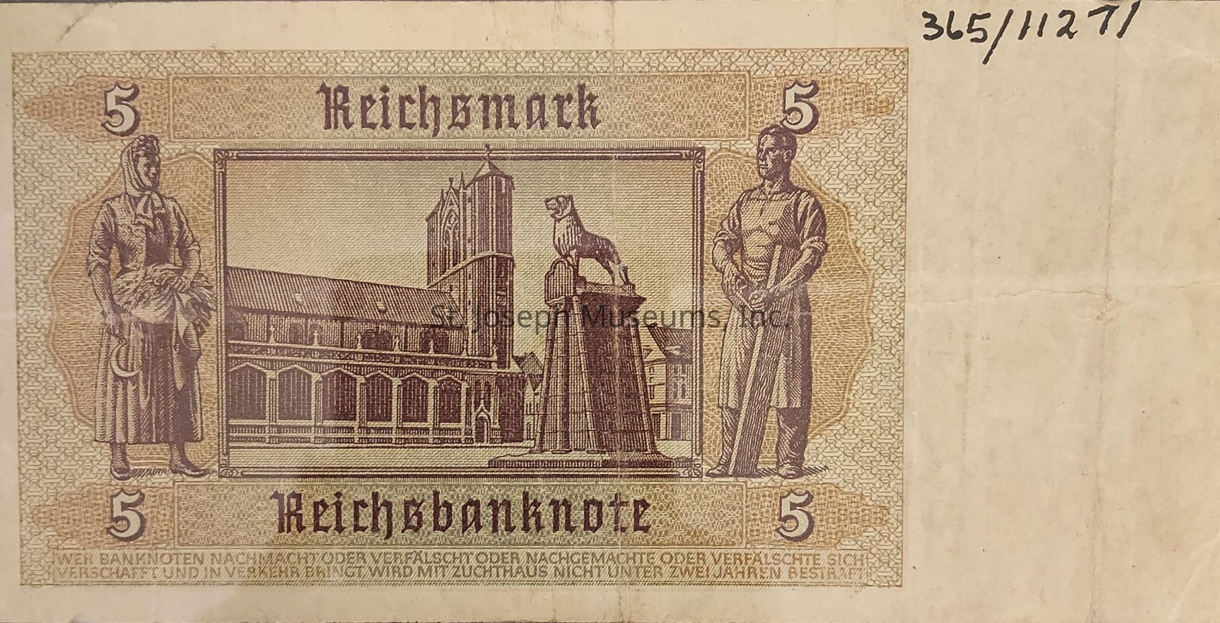 The image depicts a vintage 5 Reichsmark banknote featuring intricate artwork. The central illustration portrays an architectural scene with a prominent building and a statue of a lion on a pedestal. Flanking the central image, a woman in traditional attire on the left holds a sickle and a bundle of crops, symbolizing agriculture, while a man on the right, also in traditional attire, represents industry. The background and borders of the banknote are adorned with detailed, decorative patterns. The denomination "5" is displayed prominently in the corners, and the text "Reichsbanknote" is printed at the bottom, highlighting the note's historical and cultural significance.