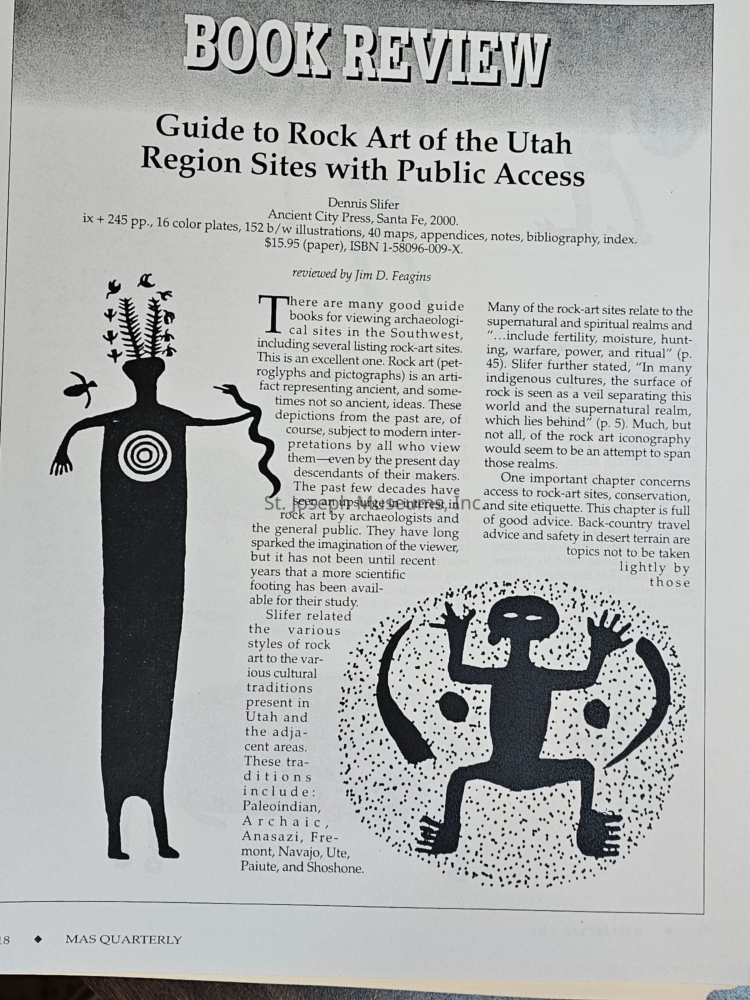 The image features a book review titled "Guide to Rock Art of the Utah Region Sites with Public Access," written by Dennis Slifer and reviewed by Jim D. Feagins. The book, published by Ancient City Press, contains 245 pages and includes illustrations and maps. The review discusses the significance of rock art depicting ancient cultural traditions, noting the increasing interest and scientific study of rock art by the public and archaeologists. Additionally, it highlights various rock art styles influenced by various cultural traditions