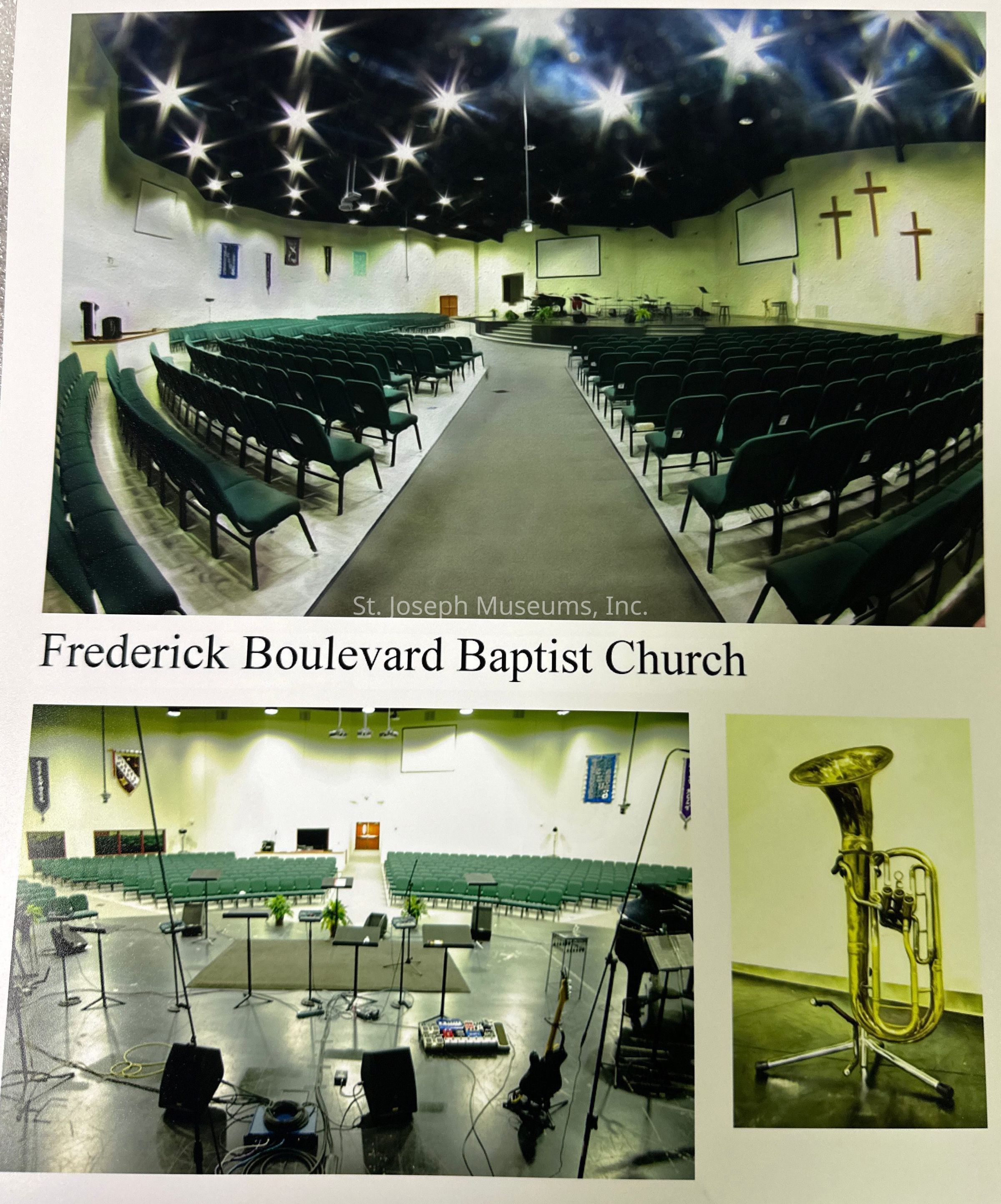 Colorized photo collage of three pictures from the sanctuary of the Frederick Boulevard Baptist Church. The top most photo is taken from diagonal walkway between pews, facing the stage. The bottom left image is the view from the stage, featuring musical equipment. The image on the right is of a tuba on a stand.