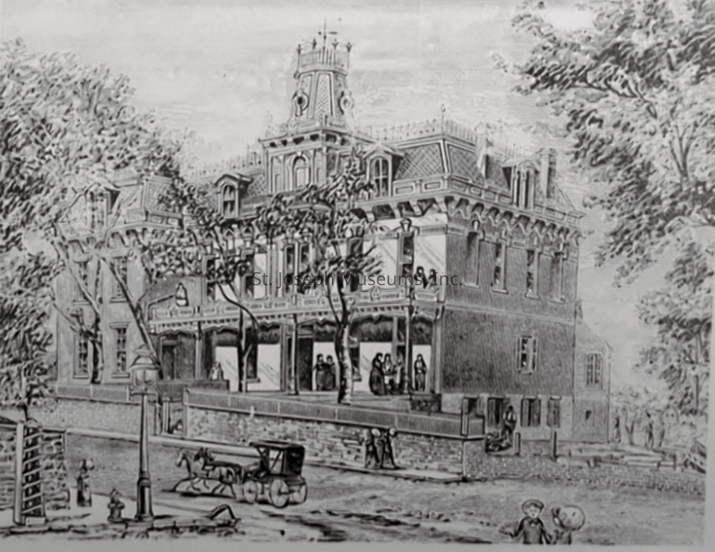 The black-and-white lithograph depicts Dr. Martins Young Ladies Institute at 503 Antoine Street, St. Joseph, Missouri, showcasing a grand Victorian-era building with ornate architectural details. The scene is lively with students visible on the porch and people engaged in conversation. A horse-drawn carriage is parked along the street.