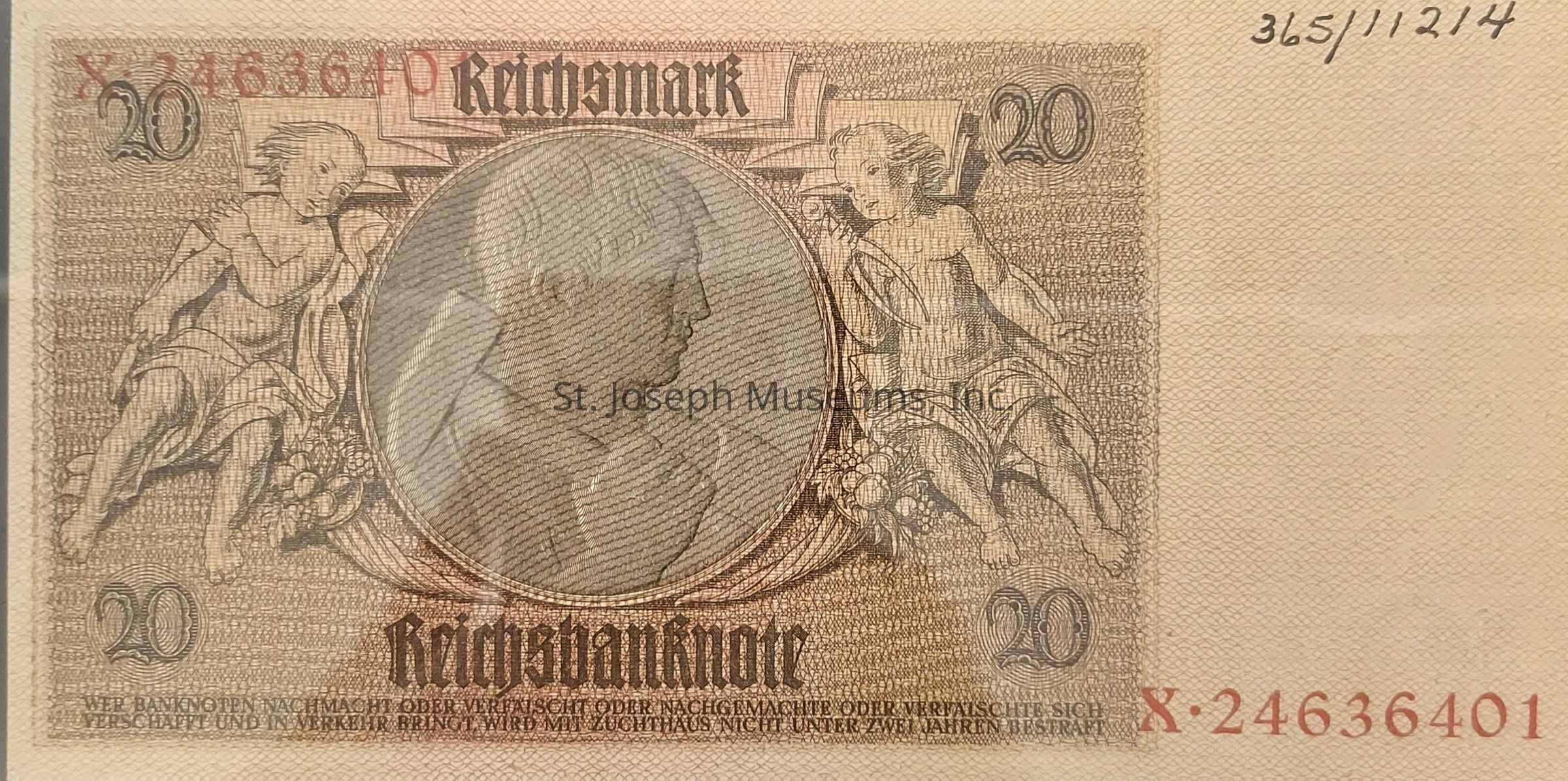 The image displays an old 20 Reichsmark banknote, featuring intricate designs that include allegorical figures on either side of a central circular portrait. The denomination "20" is prominently displayed in each corner, and the word "Reichsmark" is printed at the top center in a stylized font. Below the portrait, the word "Reichsbanknote" is visible, and a series of numbers likely representing the serial number is placed in the top and bottom corners. The note is bordered by a detailed pattern, contributing to its ornate presentation. The texture and color of the note suggest it is made from high-quality, durable paper.