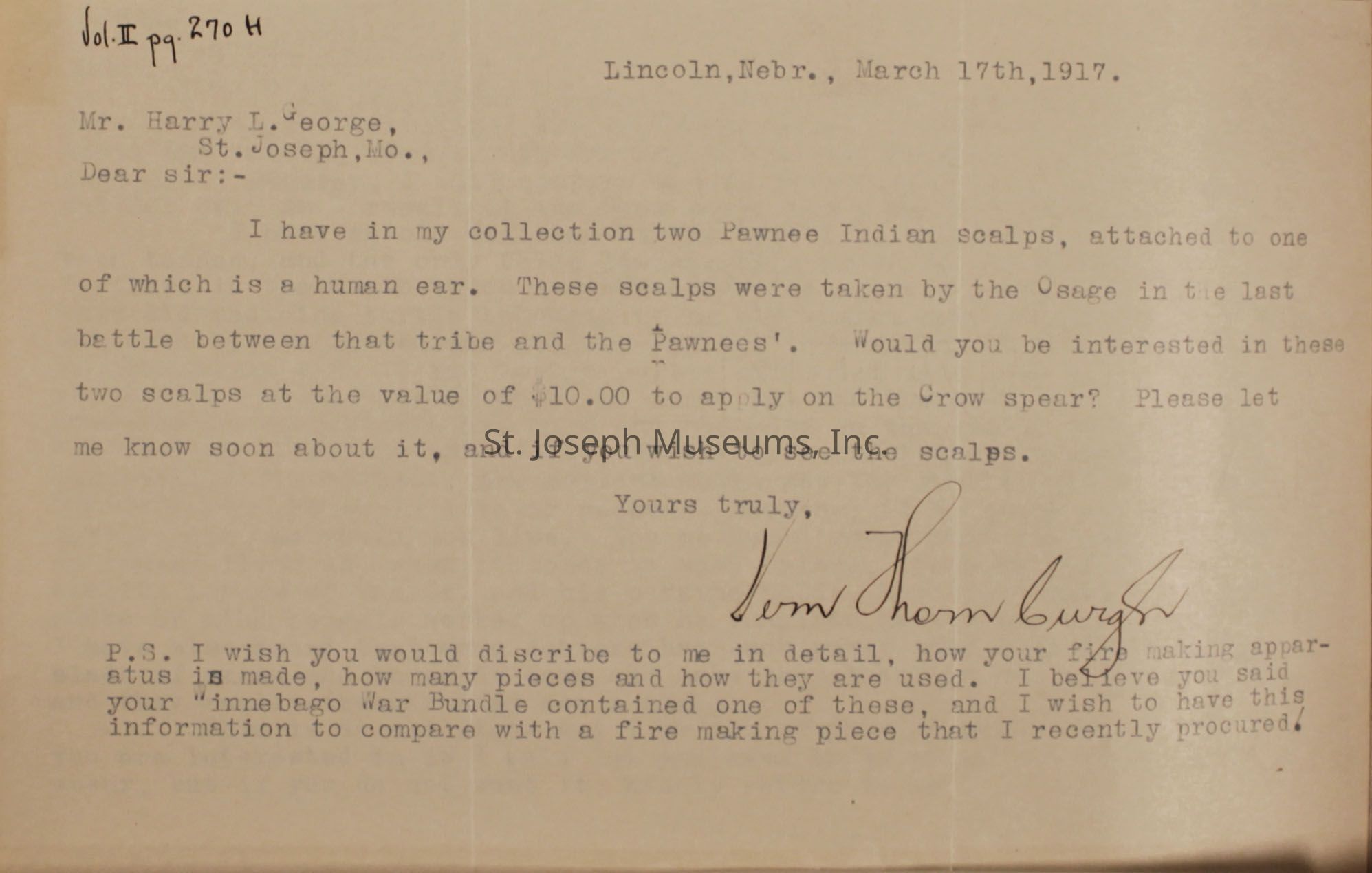 The image is a typed letter dated March 17th, 1917, addressed to Mr. Harry L. George in St. Joseph, Missouri. The sender mentions possessing two Pawnee Indian scalps, one attached to a human ear, collected from a battle involving the Osage. The sender inquires if Mr. George is interested in purchasing the scalps.