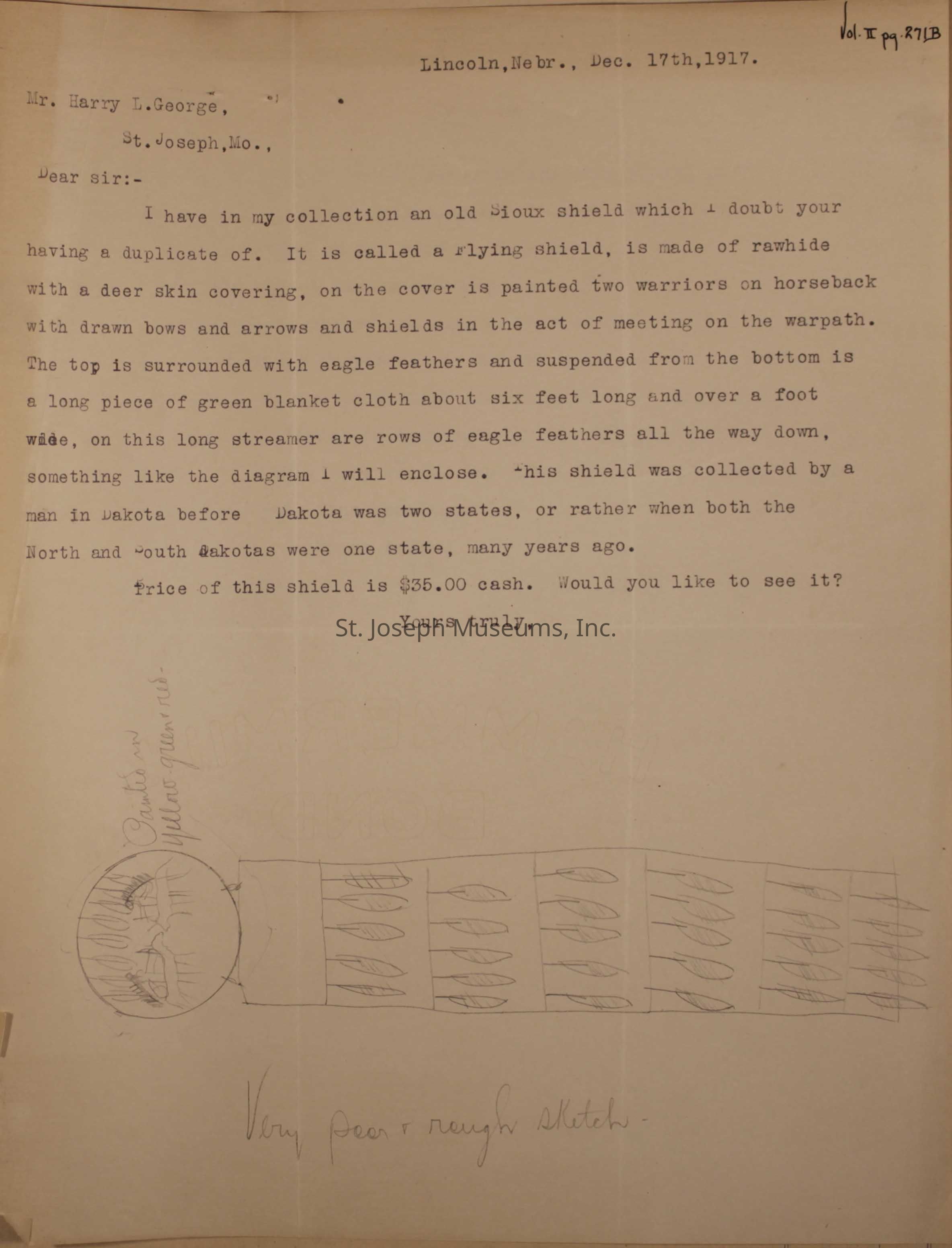 The image is a letter dated December 17, 1917, from Lincoln, Nebraska, addressed to Mr. Harry L. George in St. Joseph, Missouri, describing a Sioux shield called a "flying shield." The letter details the shield's features, including a deerskin covering, painted warriors, eagle feathers, and a green blanket cloth streamer, accompanied by a rough sketch at the bottom with hand written notes.