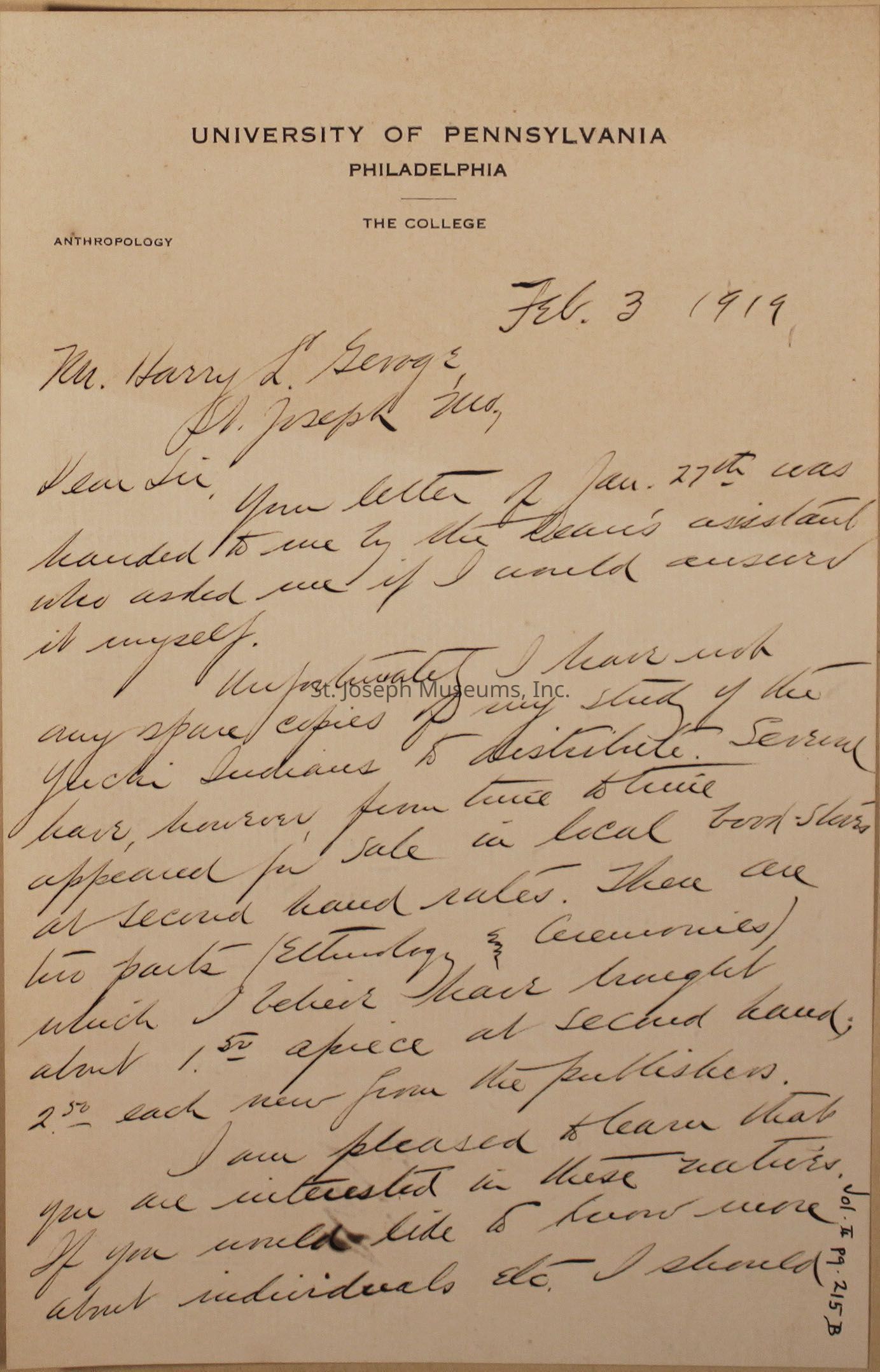 The image is of a handwritten letter on stationery from the University of Pennsylvania, Philadelphia, dated February 3, 1919. The letter is addressed to Mr. Harry L. George in St. Joseph, Missouri, discussing the unavailability of spare copies of a study on the Yuchi Indians. The author mentions the possibility of finding used copies in local bookstores or purchasing new ones from the publisher.