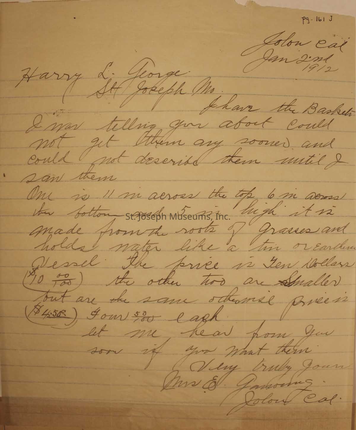 The image is a handwritten letter on lined yellowed paper, dated January 20, 1912, from Coloma, California. It is addressed to Harry L. George in St. Joseph, Missouri. The writer mentions baskets, stating they were unable to describe them until they saw them in person. One basket is described as measuring 11 inches across the top, 6 inches across the bottom, and 5 inches high, made from roots of grasses, and capable of holding water like a tin or earthen vessel. The price of the larger basket is ten dollars, while two smaller ones are priced at two dollars each. The letter is signed by Mrs. E. B. Grover of Coloma, California.