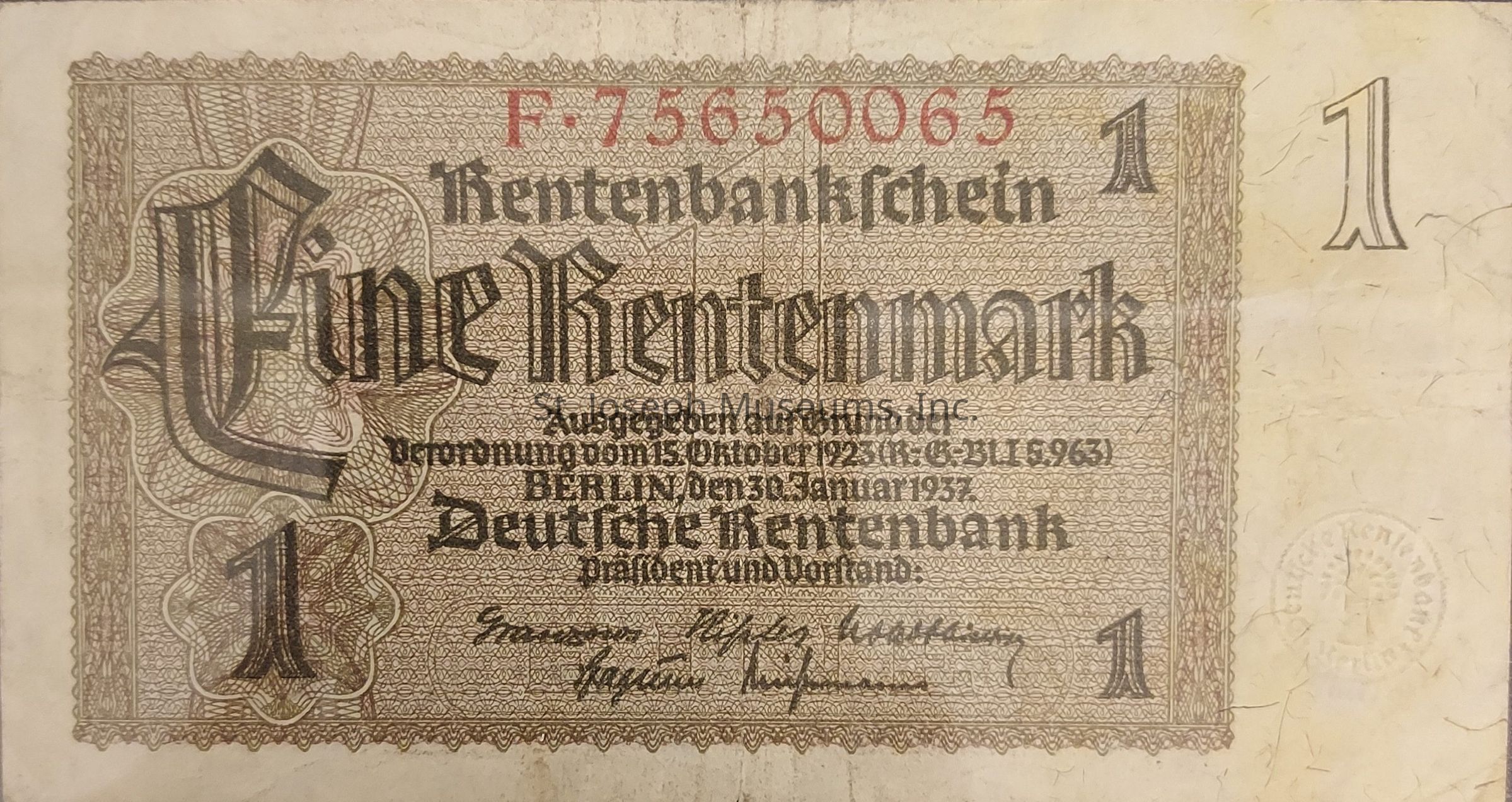 The image shows an old German banknote known as the "Rentenbanknote" with the denomination of "Eine Rentenmark" prominently displayed in the center. The intricate design features a detailed, complex pattern as a background, encompassing ornate borders and finely printed motifs. At the top of the note, the serial number "F-73650065" is printed in red. The text describes its issue under a financial regulation dated October 15, 1923, originating from Berlin on January 30, 1937. It includes decorative inscriptions, with "Deutsche Rentenbank" written prominently. The number "1" is featured on all four corners of the bill, reinforcing its denomination. Signatures appear at the lower section, and an embossed seal is visible, suggesting authenticity.