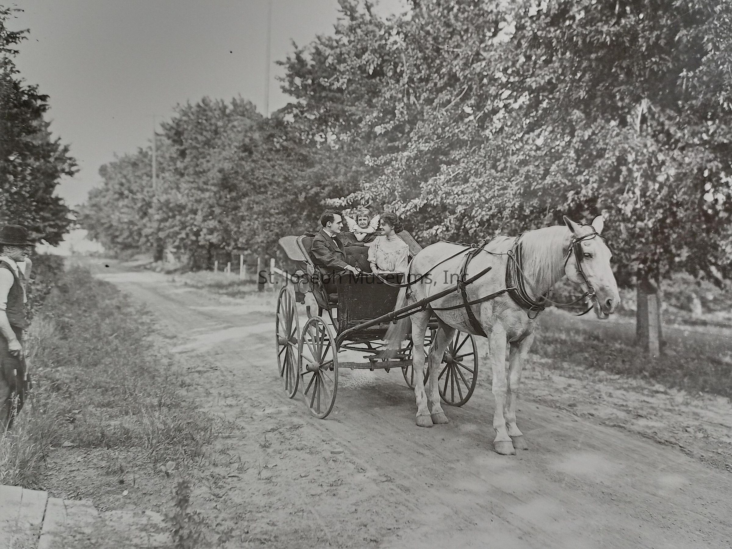 Black-and-white photograph of a couple enjoying a leisurely ride in a horse-drawn buggy along a serene country road known as Lovers Lane, surrounded by lush trees under a clear sky. The man and woman appear comfortably seated, engaged in conversation, as another person looks on from the side of the road.