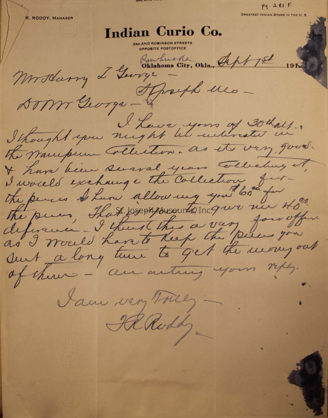 The image shows a handwritten letter on official letterhead from the Indian Curio Co., dated September 17, 1918. The letter is addressed to Mr. Harry L. George in St. Joseph, Missouri. It discusses the recipient's interest in the Mackenzie Collection and mentions a proposed exchange of some items for goods valued at $60. The letter conveys the writer's desire to keep certain pieces and emphasizes the time and effort involved in assembling the collection. The signature at the bottom is that of R. Roddy. There are ink stains on the top right and bottom right corners of the paper.