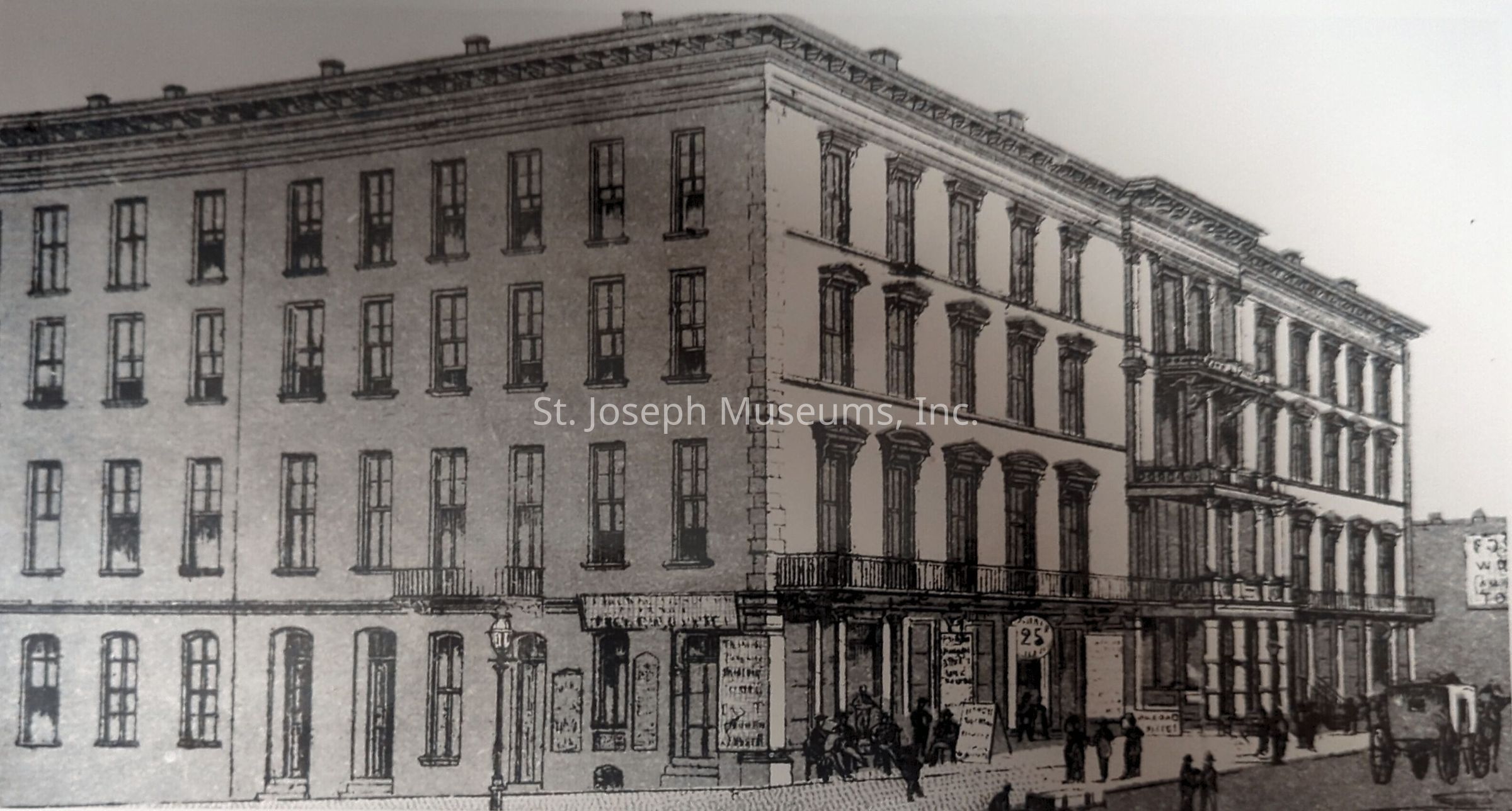 Artist's black-and-white drawing of the Pacific House Hotel which stood at 3rd and Francis, built between 1859 and 1860 and later destroyed by fire in 1868. The hotel features a symmetrical facade with rows of tall windows and an elaborate cornice. In the foreground, people are gathered near the entrance, showcasing bustling city life, while a horse-drawn carriage is visible on the cobblestone street, reflecting the era's architectural style and transportation methods.