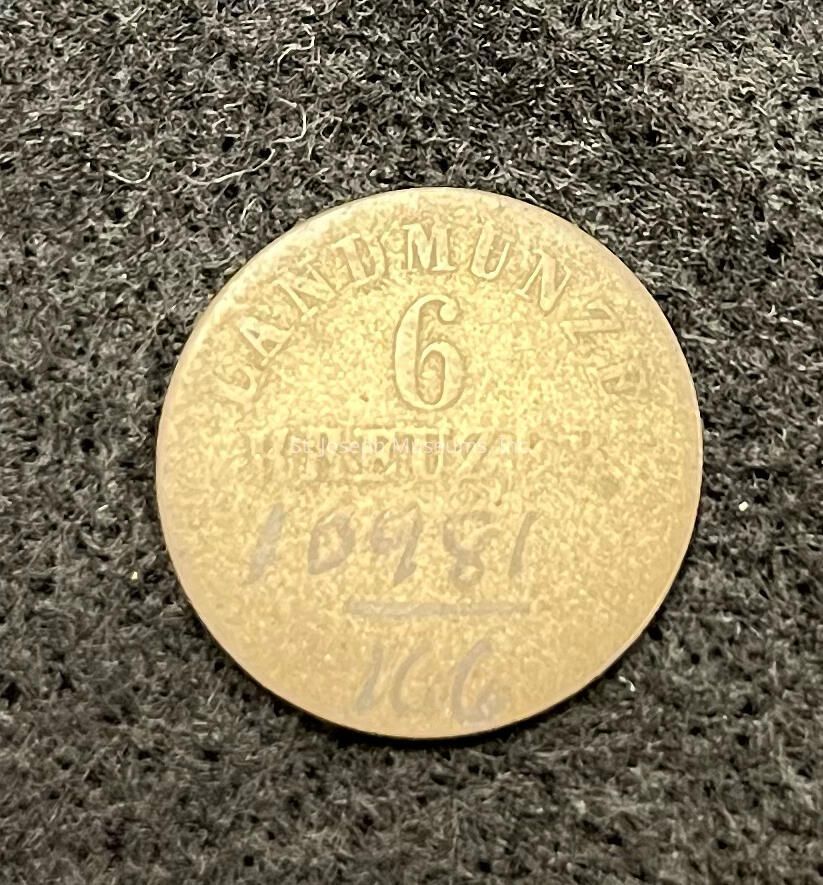 The image shows an old coin featuring the inscription "LANDMÜNZ" at the top, indicating its regional origin. The central numeral "6" denotes its value of six Kreutzer, a historical currency used in parts of Europe. Below the numeral, the word "KREUZER" is boldly engraved, while the year "1828" marks the coin's minting date. The condition of the coin suggests it has aged, with signs of wear visible on its surface, giving it a vintage appearance. The overall design is simple yet informative, offering insights into historical currency from that era.