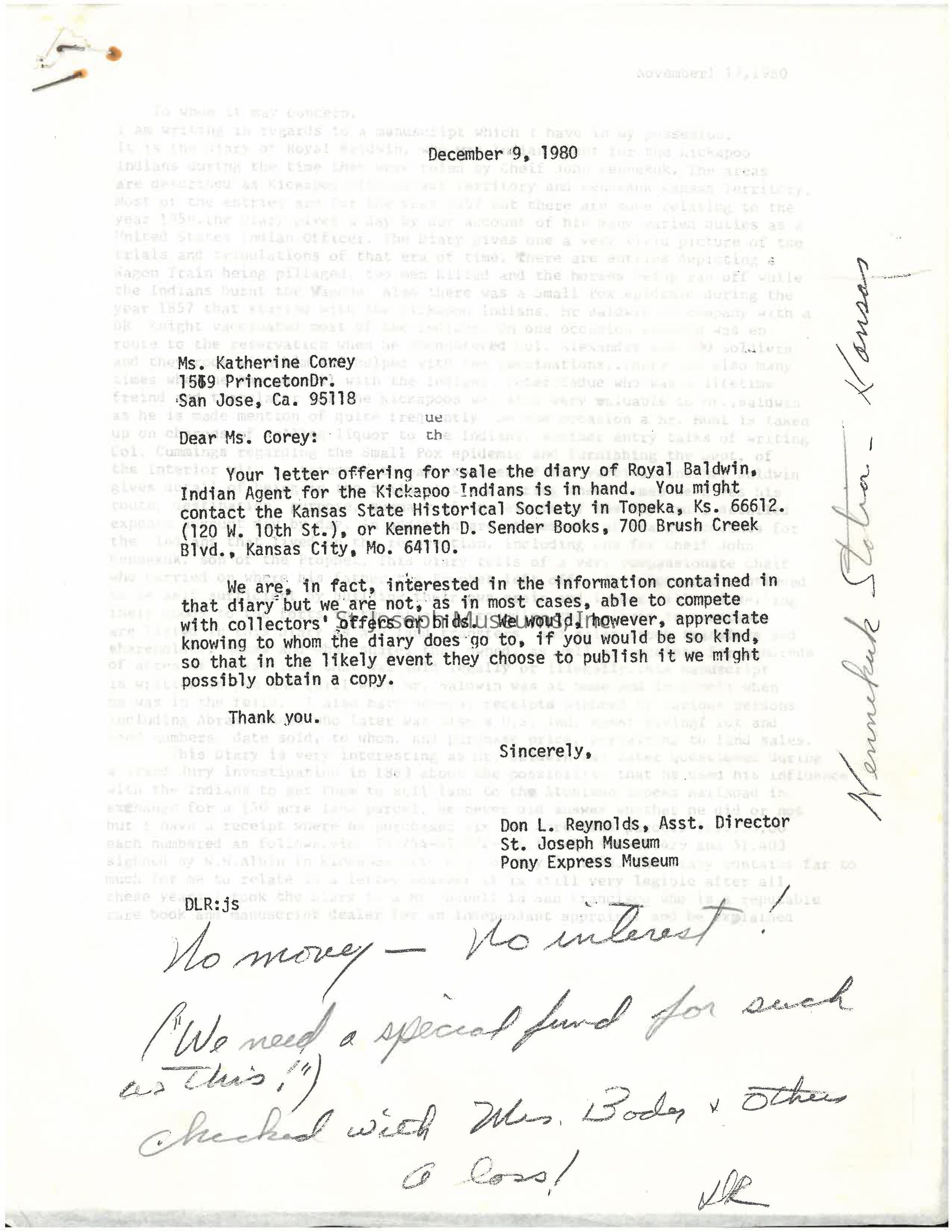 Click for full PDF: The image shows a letter dated December 9, 1980, addressed to Ms. Katherine Corey in San Jose, California, from Don L. Reynolds, Assistant Director of the St. Joseph Museum. The letter discusses an offer to sell the diary of Royal Baldwin, an Indian Agent for the Kickapoo Indians. The museum expresses interest in the diary's contents but states they cannot compete with offers from collectors. They request information on the diary's future ownership to possibly obtain a copy.