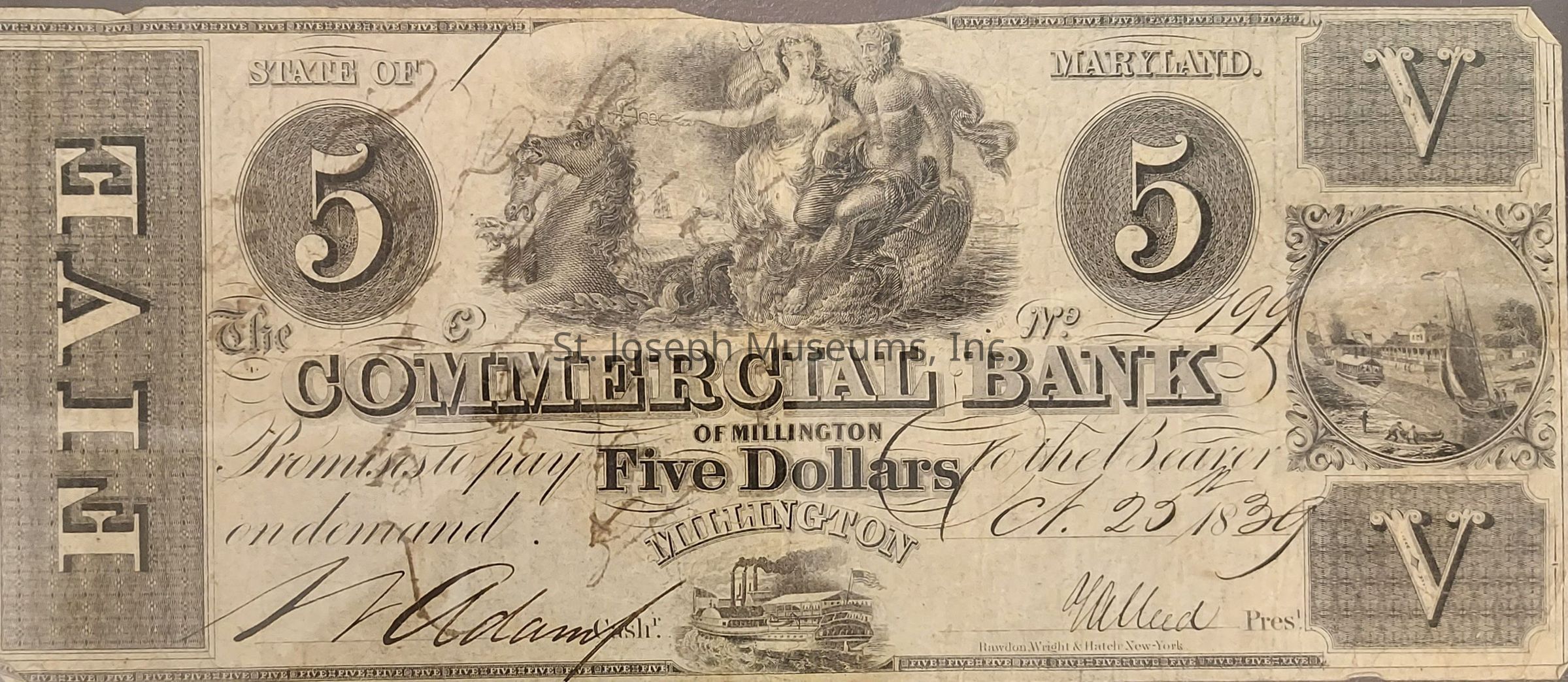 The image depicts an old-style five-dollar banknote issued by the Commercial Bank of Millington, dated 1839, from the State of Maryland. This intricately designed note features elaborate engravings, including a central illustration of classical figures, possibly representing deities or mythological characters, surrounded by various decorative elements. There are also images of a boat and harbor scene, adding to the intricate detailing. The number "5" is prominently displayed on both sides, with two "V" symbols in the corners. The note is signed and includes handwriting that appears to be an endorsement or authentication.
