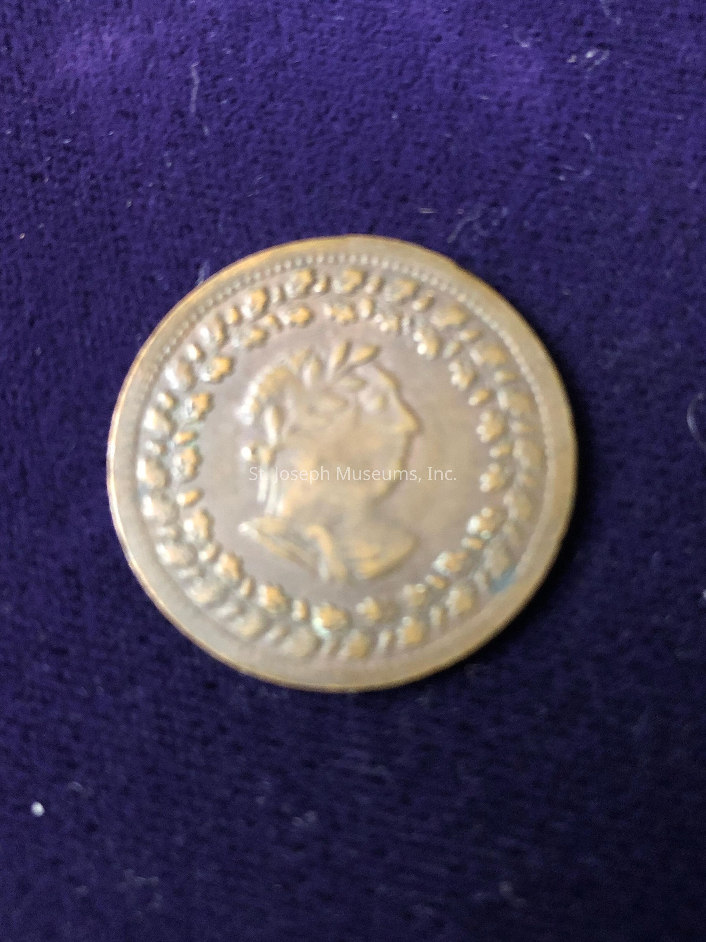 The coin's focal point is a profile of a classical figure, possibly a Roman or Greek figure, highlighted in the center and surrounded by a decorative wreath border. The wreath features delicate leaves, adding a sense of historical elegance to the coin's design. The close-up view reveals the coin's metallic texture, with hints of wear suggesting its age and historical significance. The rich purple backdrop enhances the coin's golden-brown hue, creating a vivid contrast that emphasizes the coin's details and craftsmanship, evoking a sense of timelessness and antiquity.