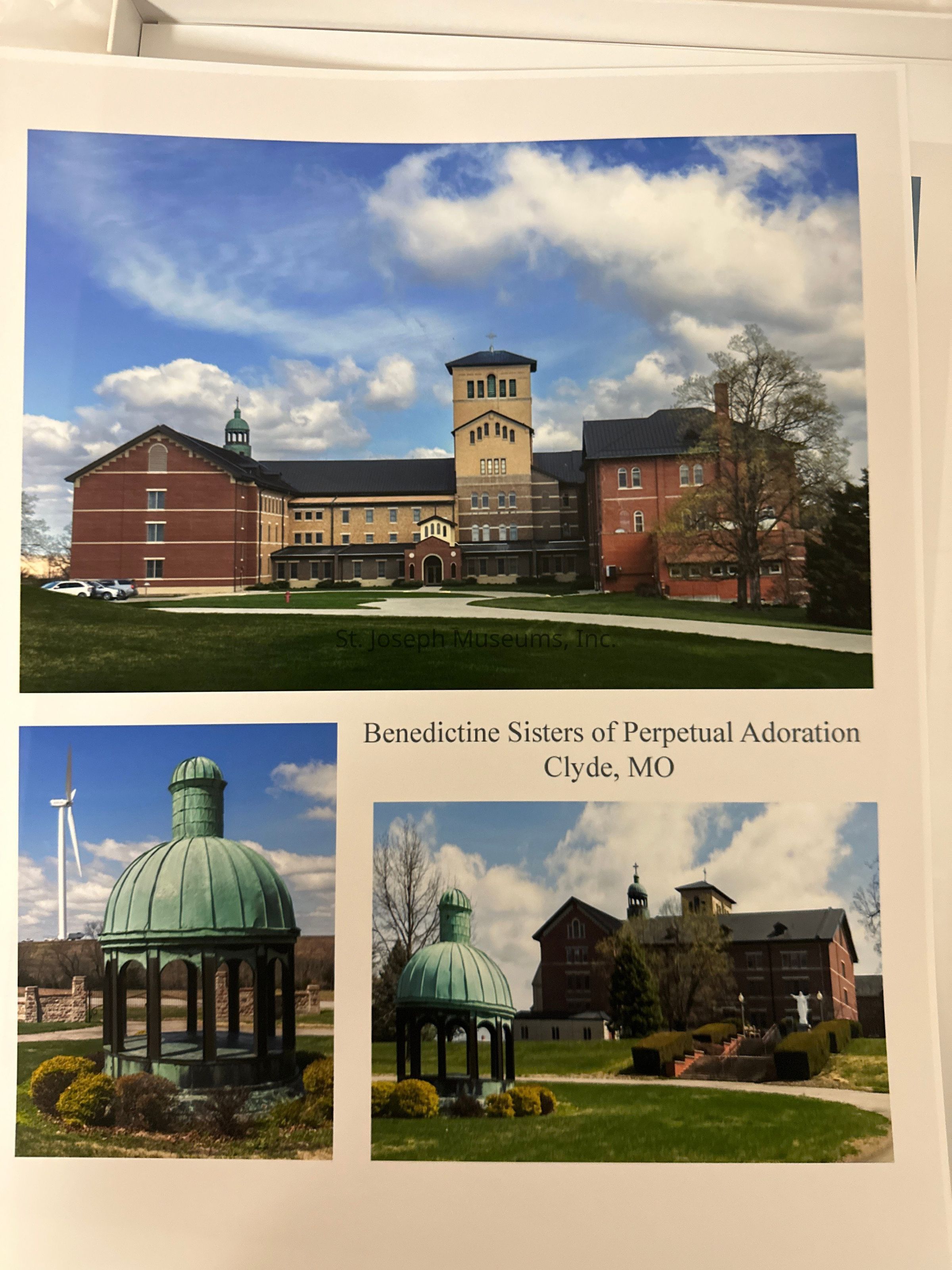 A photoset of three colorized photos of the Benedictine Sisters of Perpetual Adoration. the top most image is of the church and monastery itself, taken from the front entrance and showing the original buildings, several additions, the gazebo and turrets, as well as several stained glass windows. Bottom left is a picture of a copper gazebo in a garden, with a wind turbine in the background. The bottom right image is of the same copper gazebo as the left most picture but taken from an angle that includes a statue of Christ atop a set of stairs with the monastery in the background.