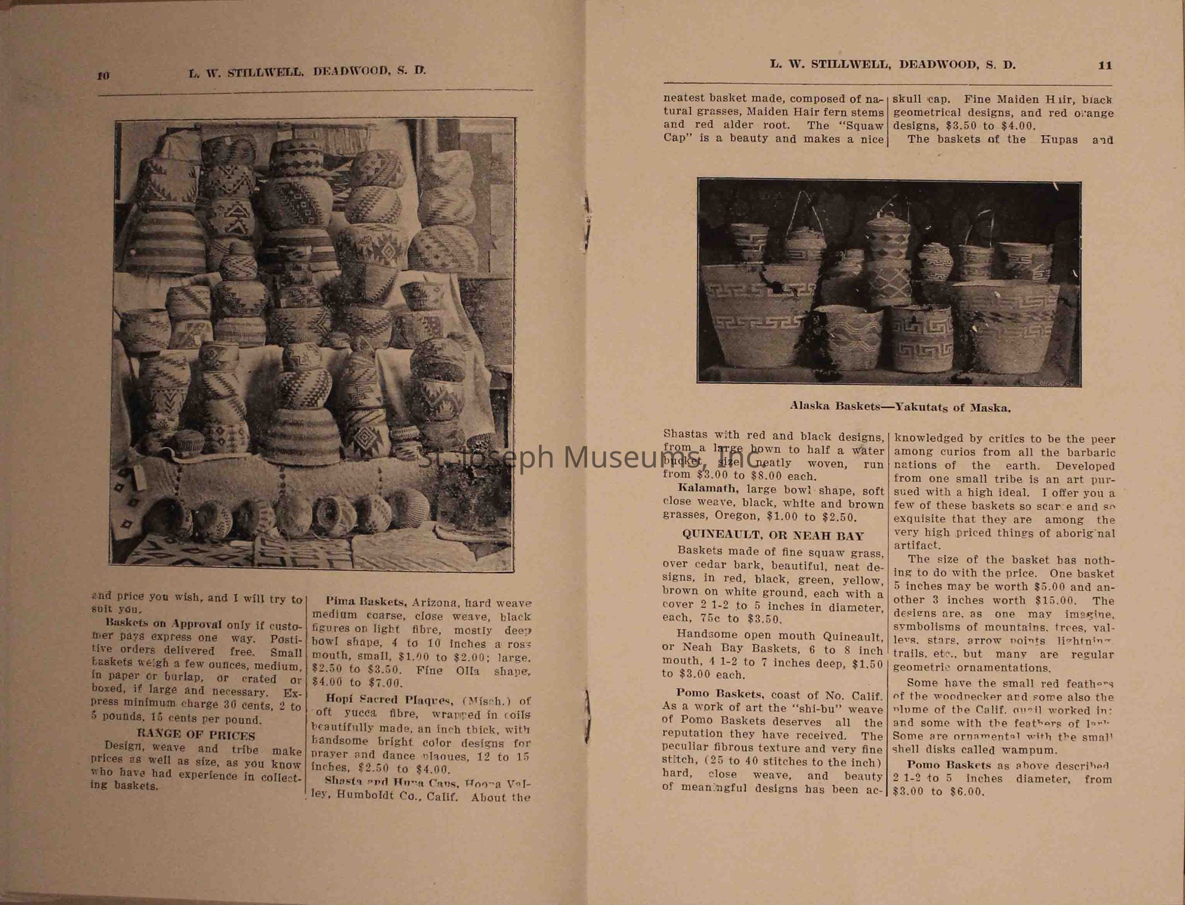 The image shows a two-page spread from a catalog by L. W. Stillwell, Deadwood, S.D., featuring a photograph of intricately patterned baskets displayed in a tiered arrangement. Each basket varies in size and design. Accompanying the image are detailed descriptions of the baskets, including their origins from places like Arizona and Alaska, and the craftsmanship involved in their creation. The text provides information about basket dimensions, prices, and cultural significance.