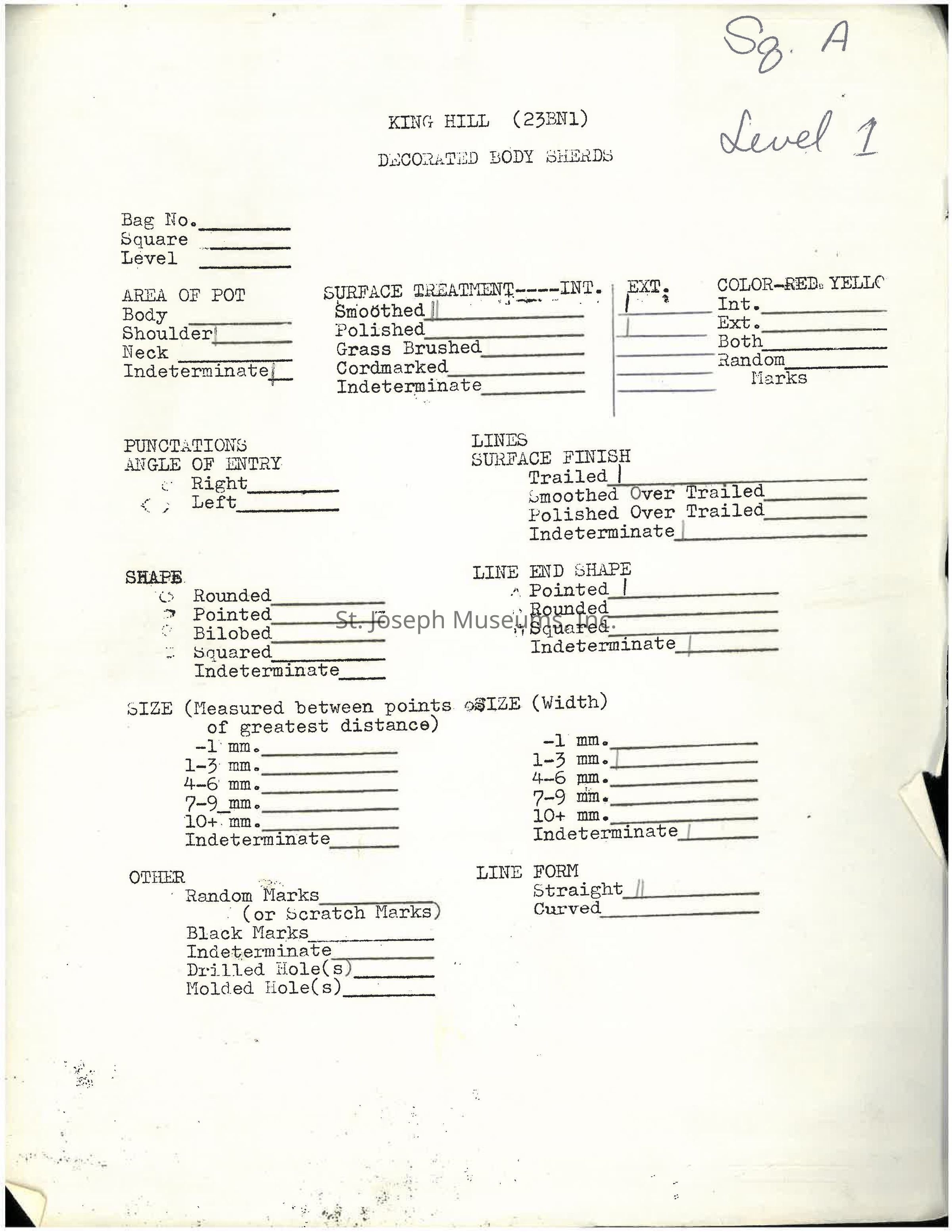 PDF of 185 tally sheets: The image shows a form titled "KING HILL (23BN1) DECORATED BODY SHERDS," with spaces to fill in various attributes related to pottery finds, such as bag number, square, and level. It includes detailed sections for describing the area of the pot, surface treatment, punctuations, line shapes, size, and other features. There are options for various characteristics like smoothed, polished, and indeterminate surface treatments.