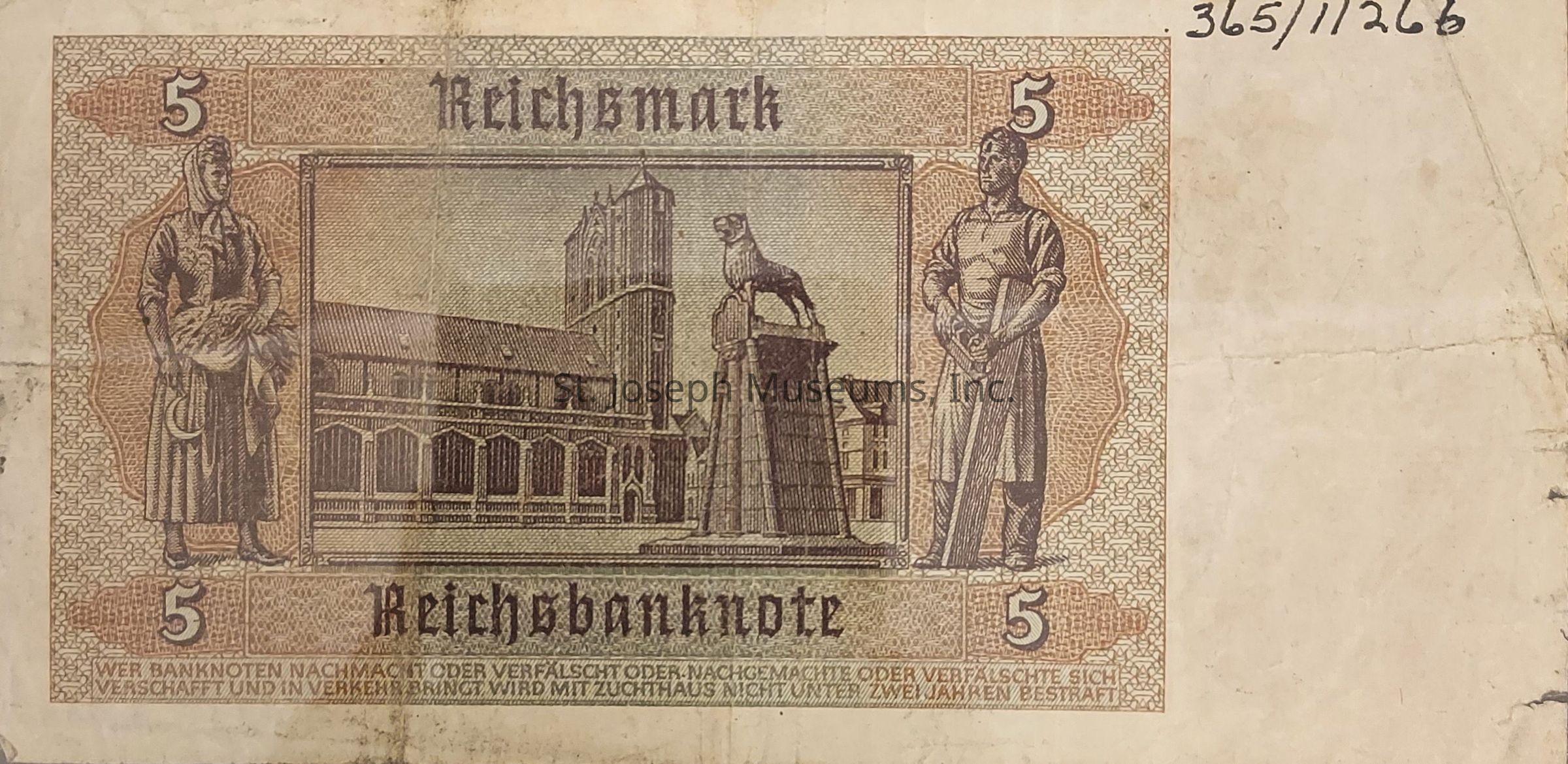 The image shows a vintage German banknote of 5 Reichsmark. It prominently features the word "Reichsbanknote" in Gothic script. In the center, there's an illustration of a medieval structure with a lion statue atop a pedestal. On either side of the central image, there are detailed depictions of two figures: a woman in traditional attire holding a sickle and a bundle, and a man in work clothes holding a tool. The note is adorned with intricate decorative patterns and the number "5" is displayed in each corner, representing the denomination.