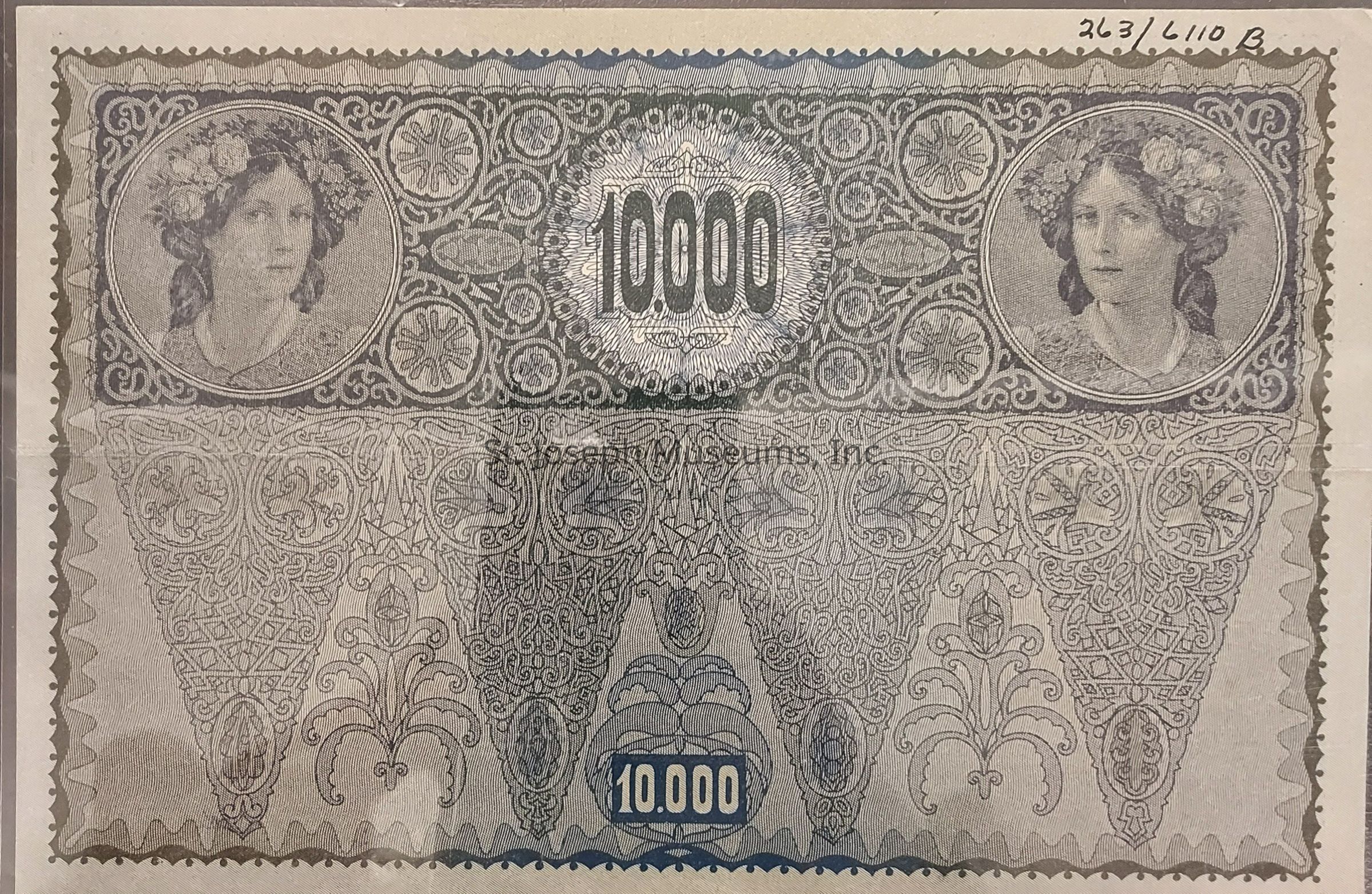 The image depicts an intricate banknote featuring a denomination of 10,000 prominently displayed at the center. The design includes ornate floral and geometric patterns that swirl and intertwine across the entire note, providing an elegant and detailed backdrop. Flanking the central numerical value, two portraits of women adorned with floral crowns are enclosed in oval frames, adding a touch of classical artistry. These women's gazes are directed outward, offering a serene and composed expression. In the bottom middle of the note, the denomination is repeated in a smaller font, and the top right corner has handwritten numbers and letters. The overall aesthetic of the note combines elements of symmetry and detailed linework, suggesting a period piece or historical currency.