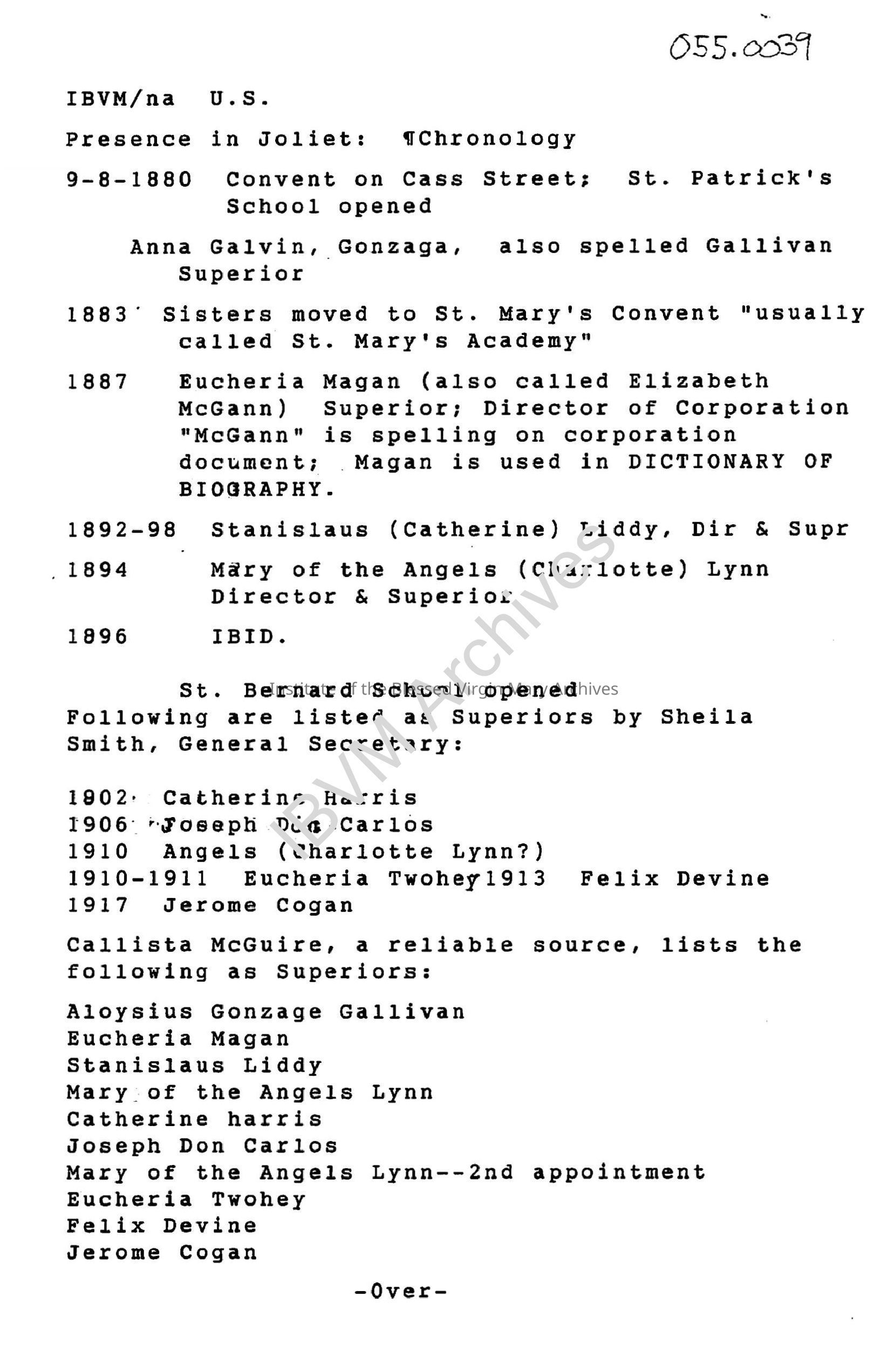 Chronology of IBVM in Joliet, 1880 - 1920: PDF, Watermarked