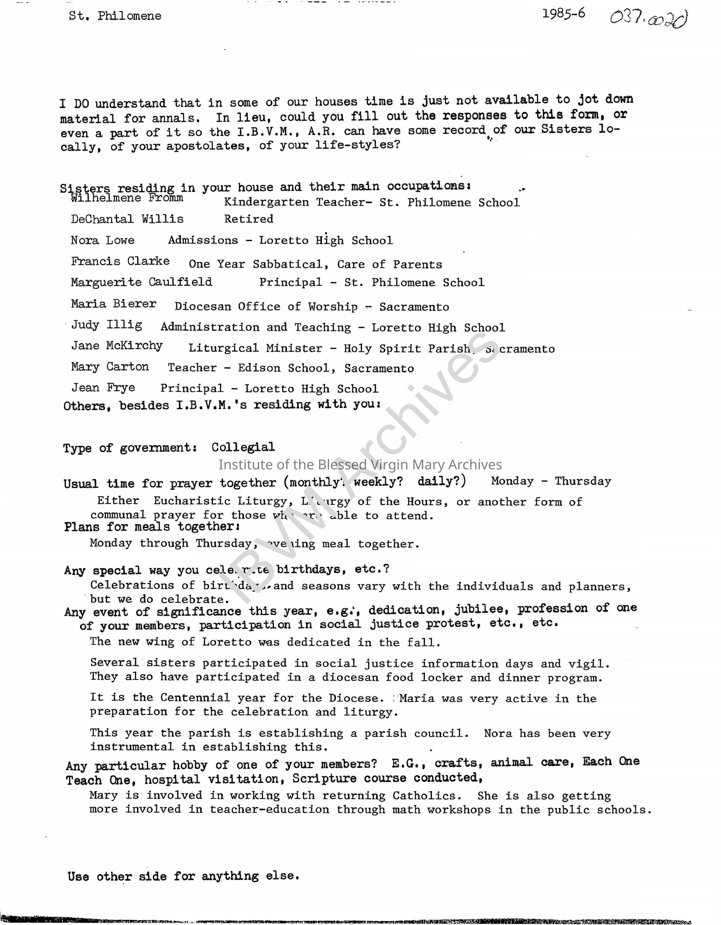 St. Philomene Convent Information, 1985 - 1986: PDF, Watermarked