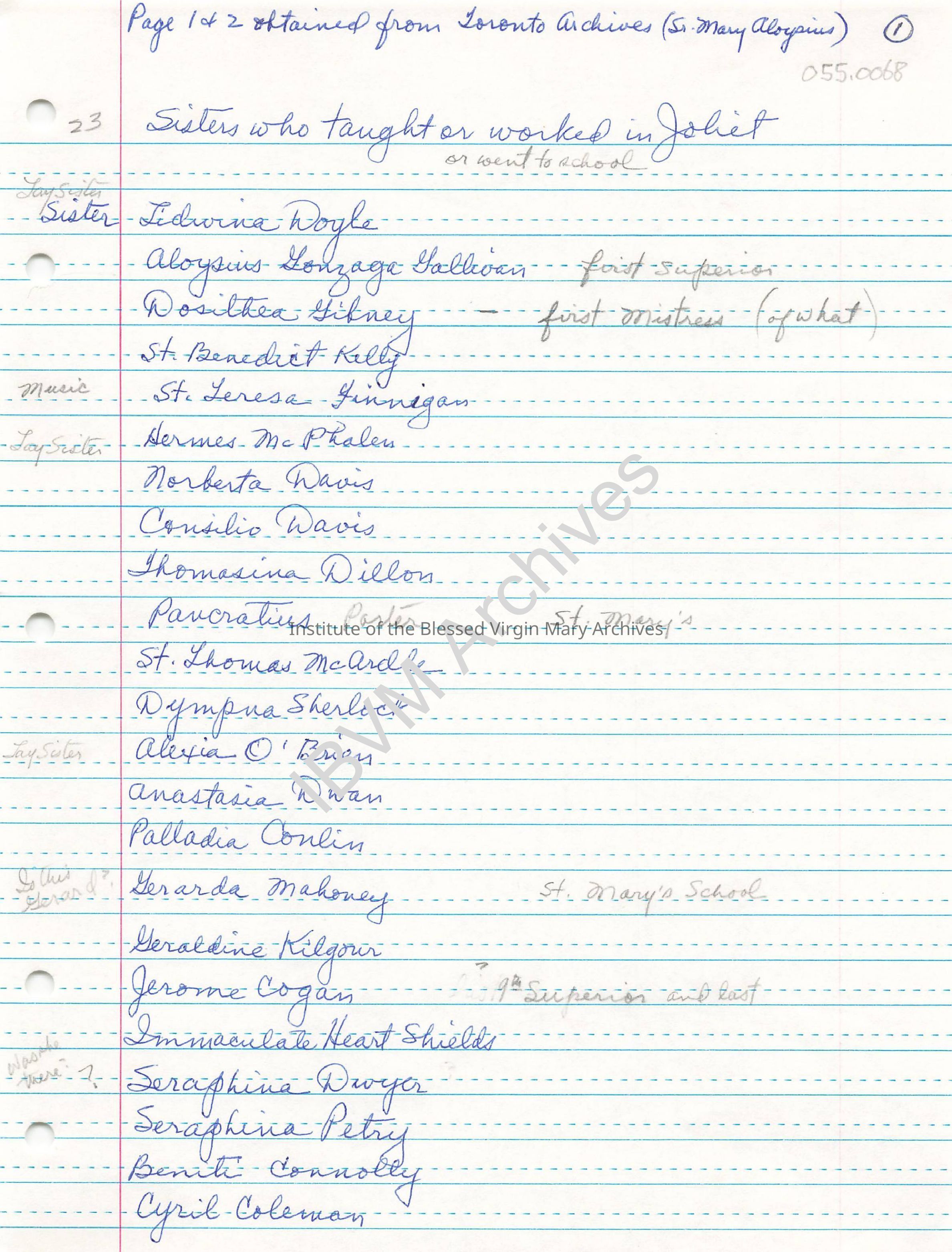 List of Sisters Who Taught, Worked or Attended School in Joliet: PDF, Watermarked