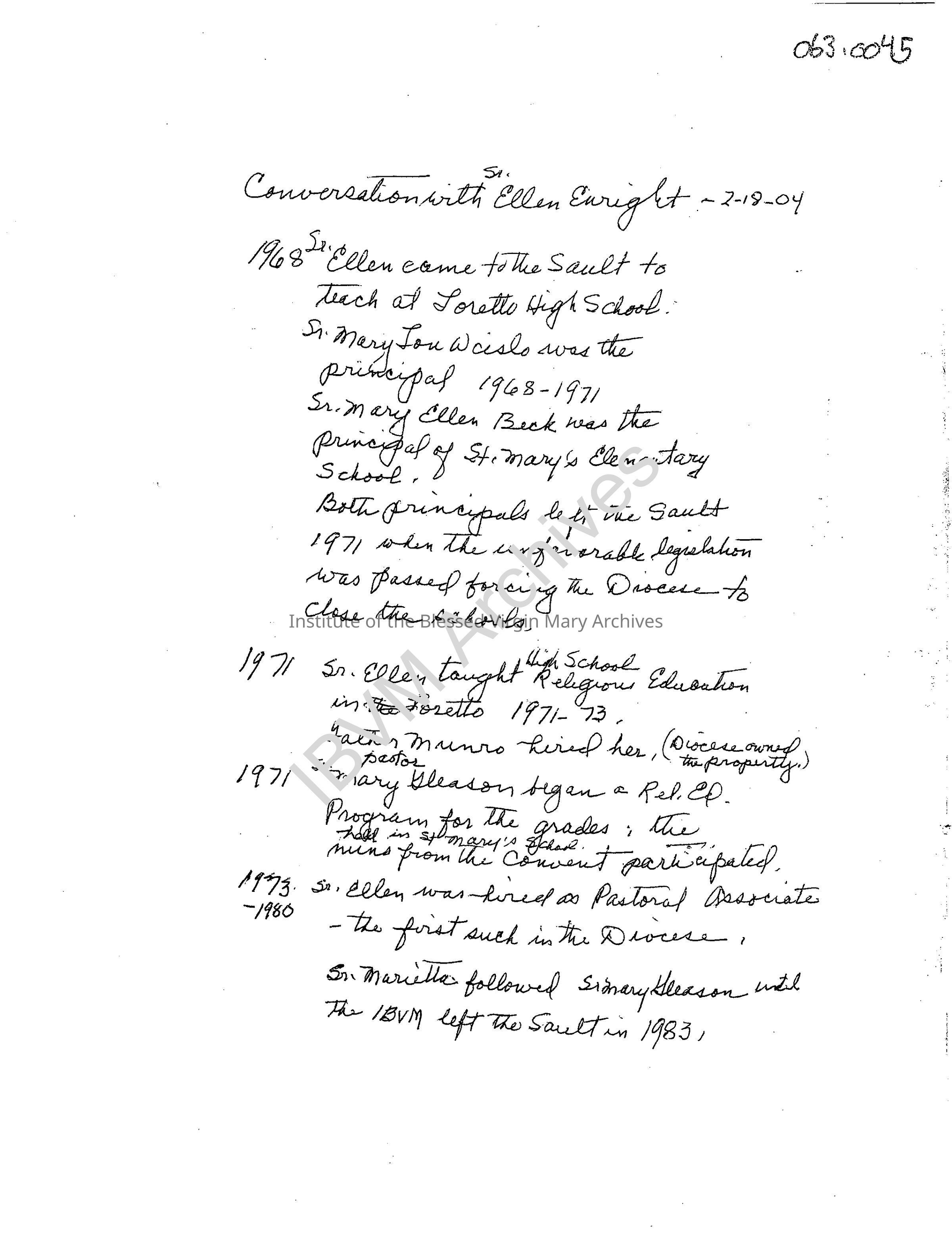 Notes from a Conversation with Sister Ellen Enright: PDF, Watermarked