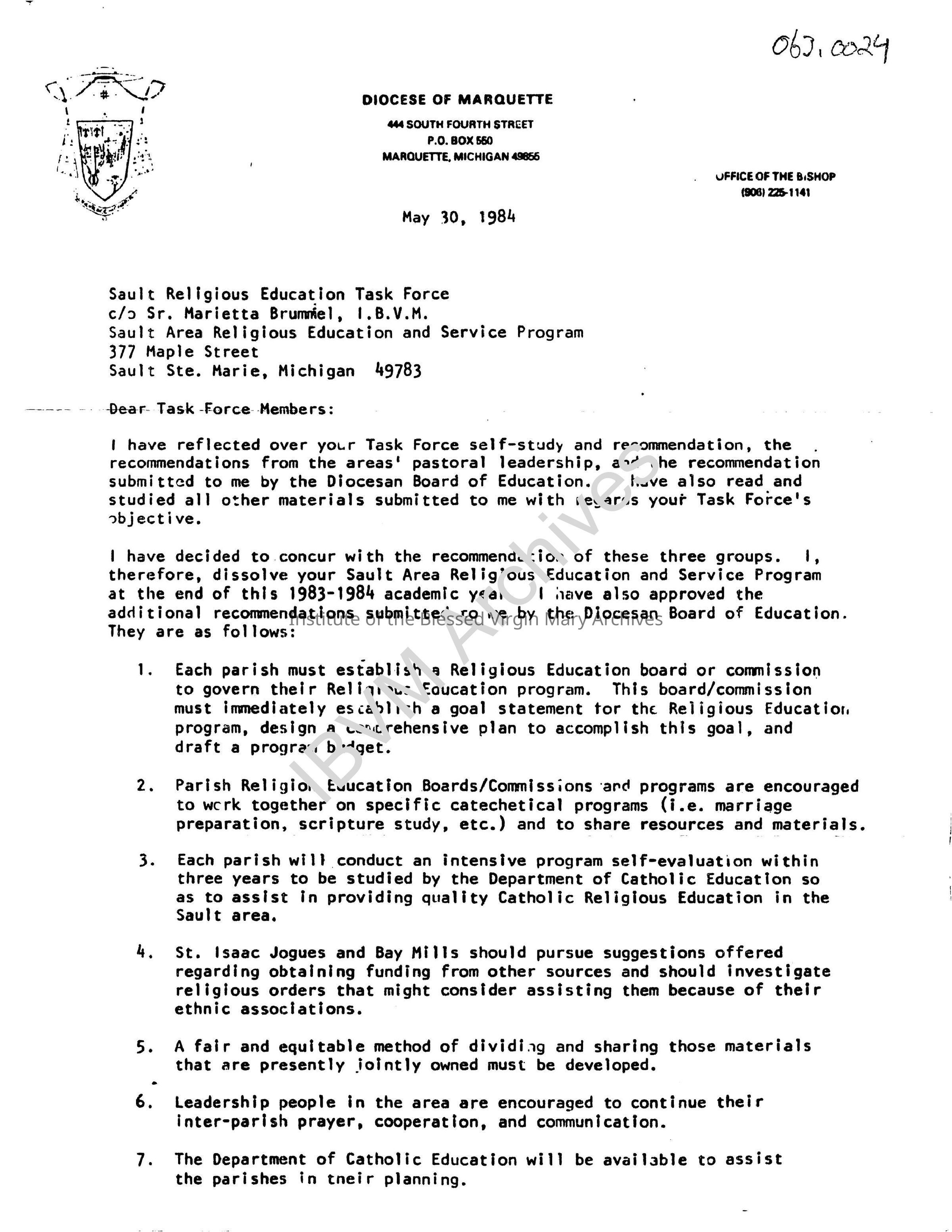 Letter to the Sault Religious Education Task Force: PDF, Watermarked