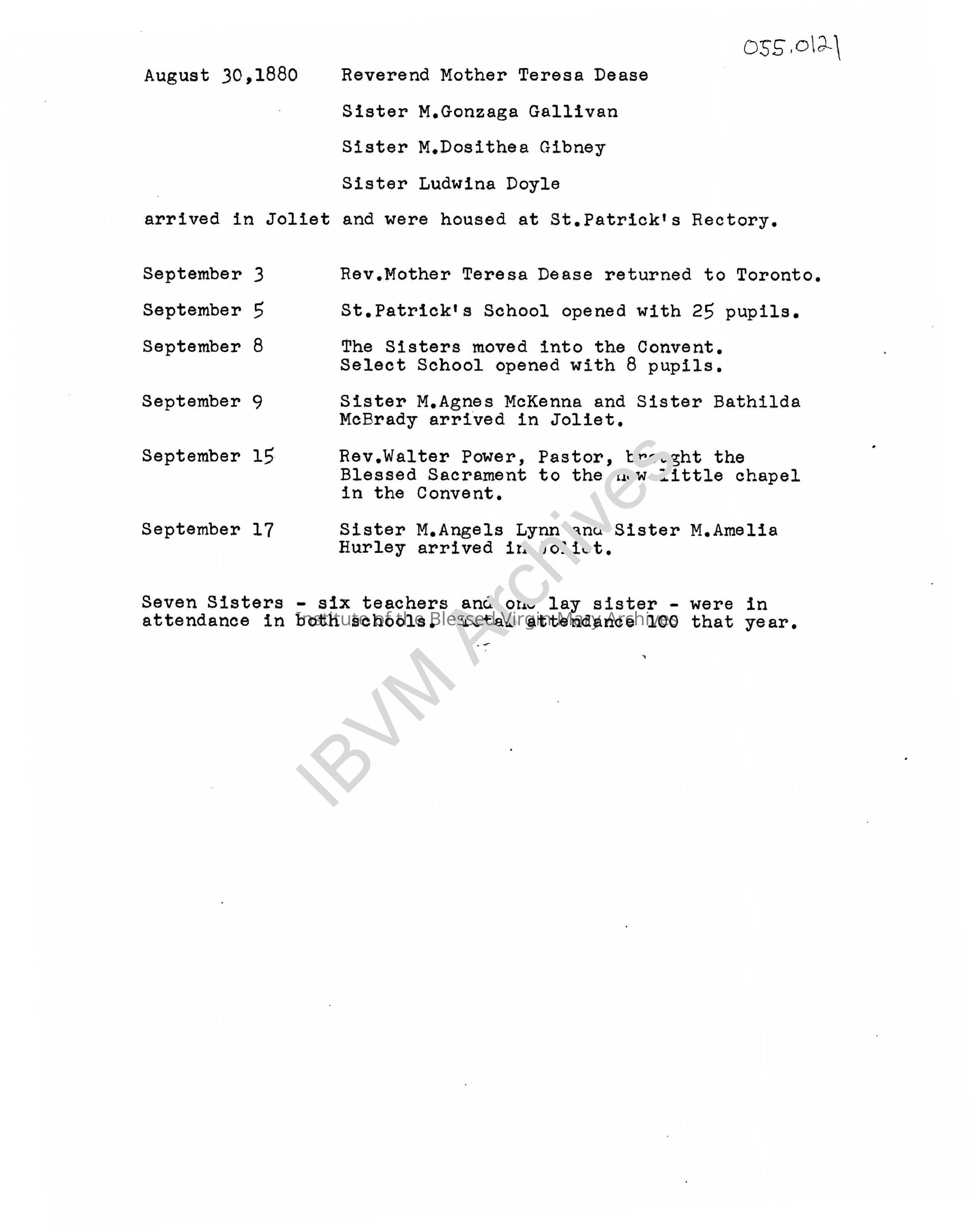 Chronology of the IBVM in Joliet: PDF, Watermarked