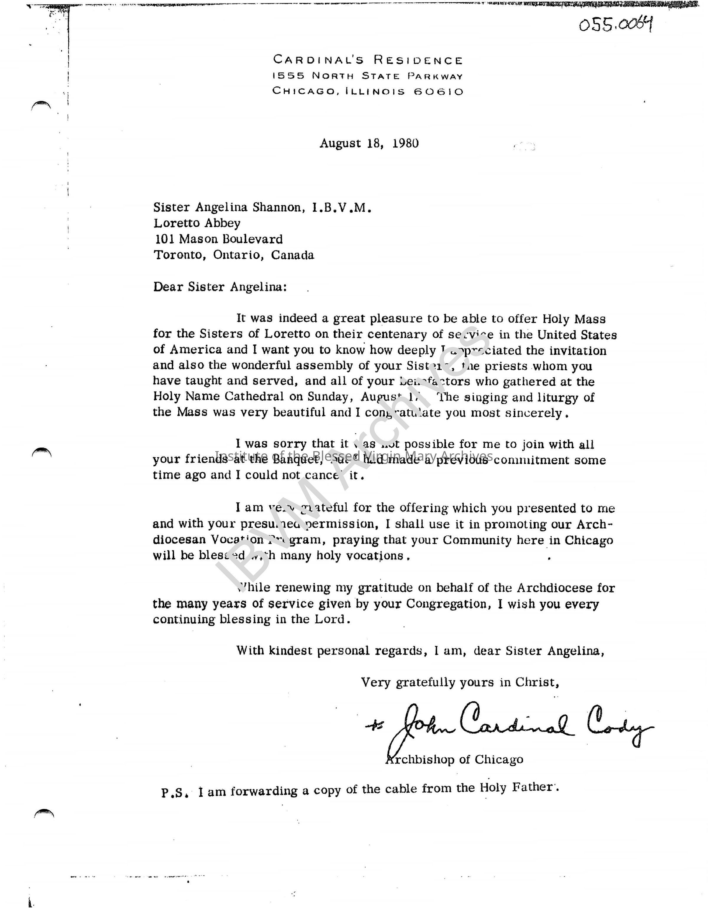 Letter from Archbishop John Cardinal Cody: PDF, Watermarked