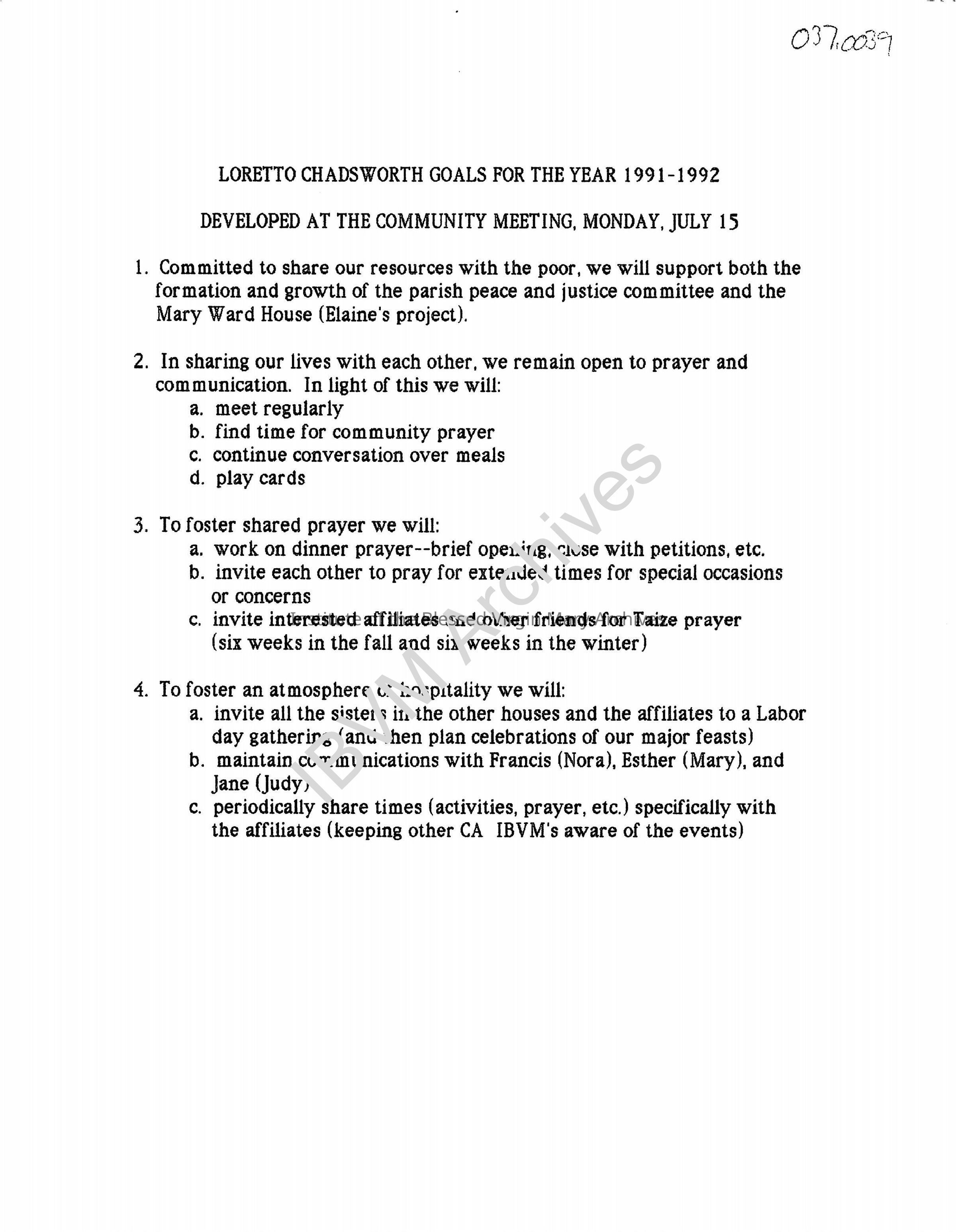 Loretto Chadsworth Goals, 1991 - 1992: PDF, Watermarked