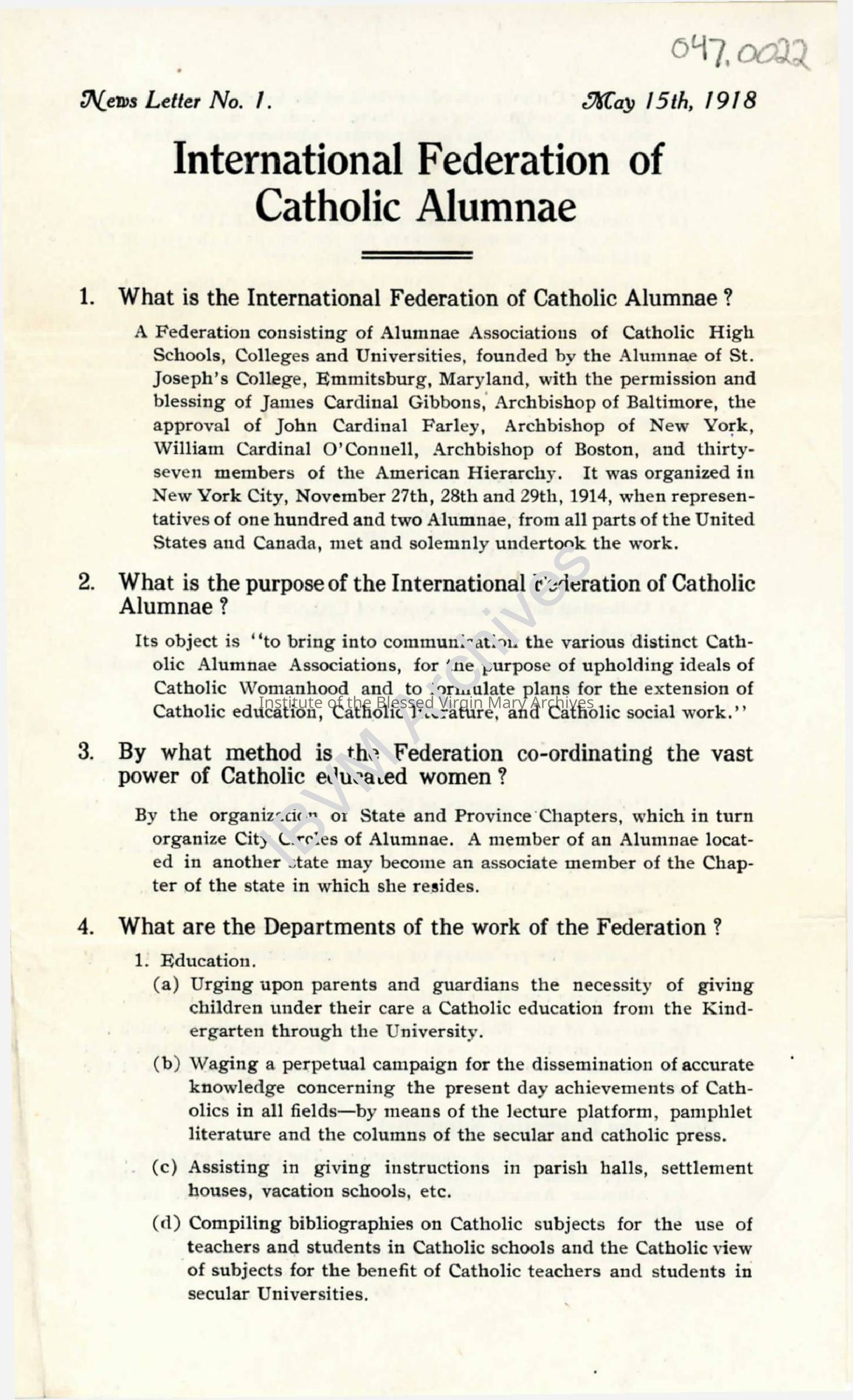 International Federation of Catholic Alumnae Newsletter No. 1: PDF, Watermarked