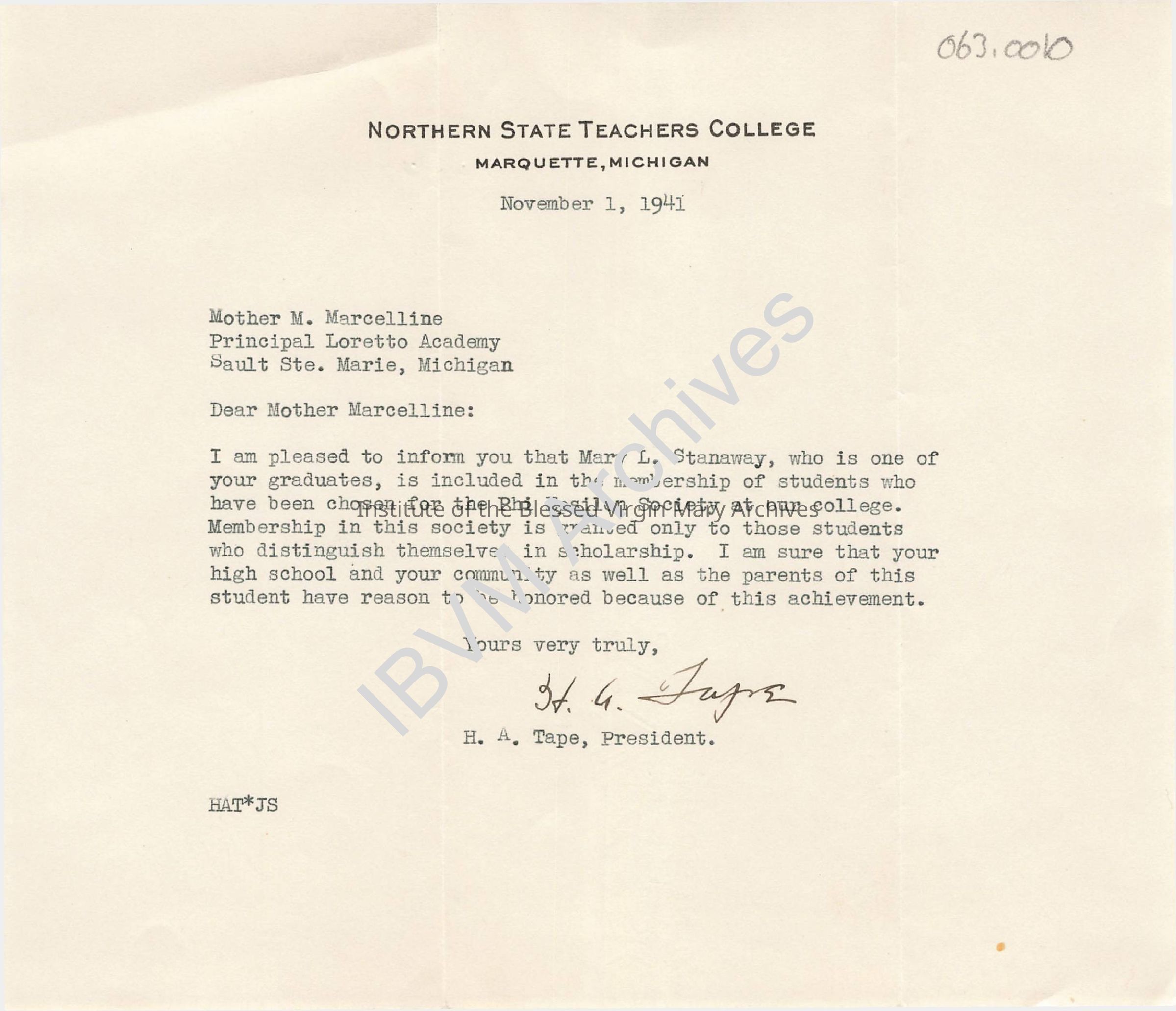 Letter from H.A. Tape of Northern State Teachers College: PDF, Watermarked