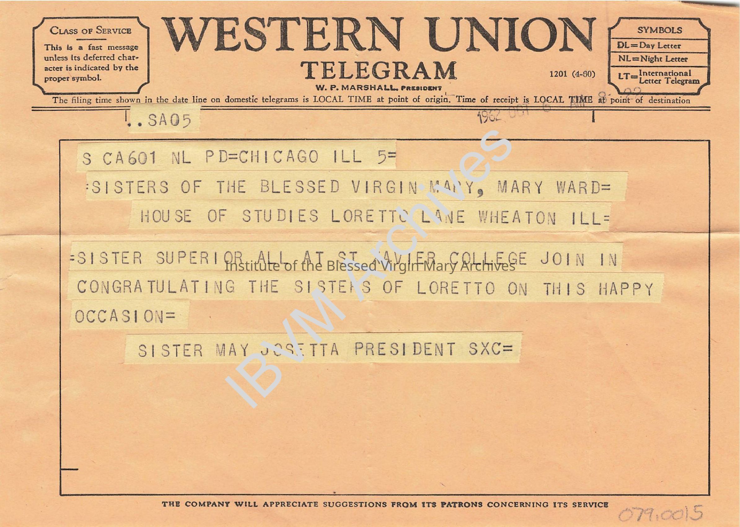 Telegram from Sister Mary Josetta Butler: PDF, Watermarked
