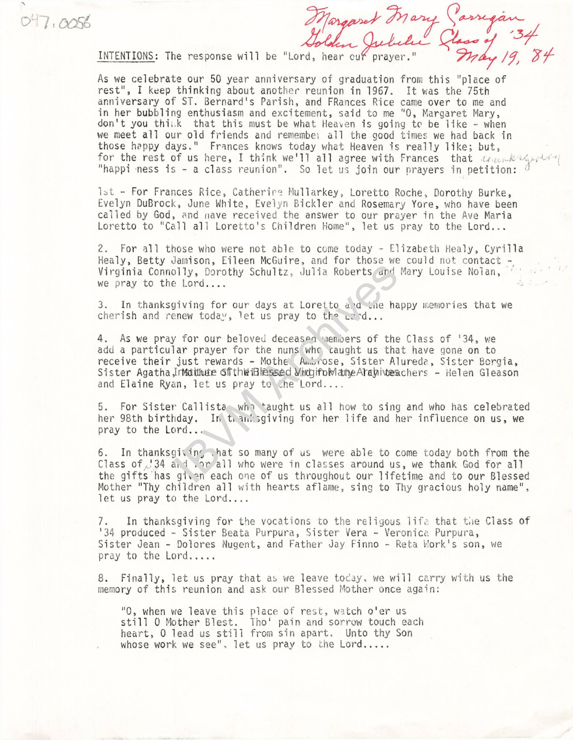 Loretto High School 50th Anniversary Reunion Intentions: PDF, Watermarked