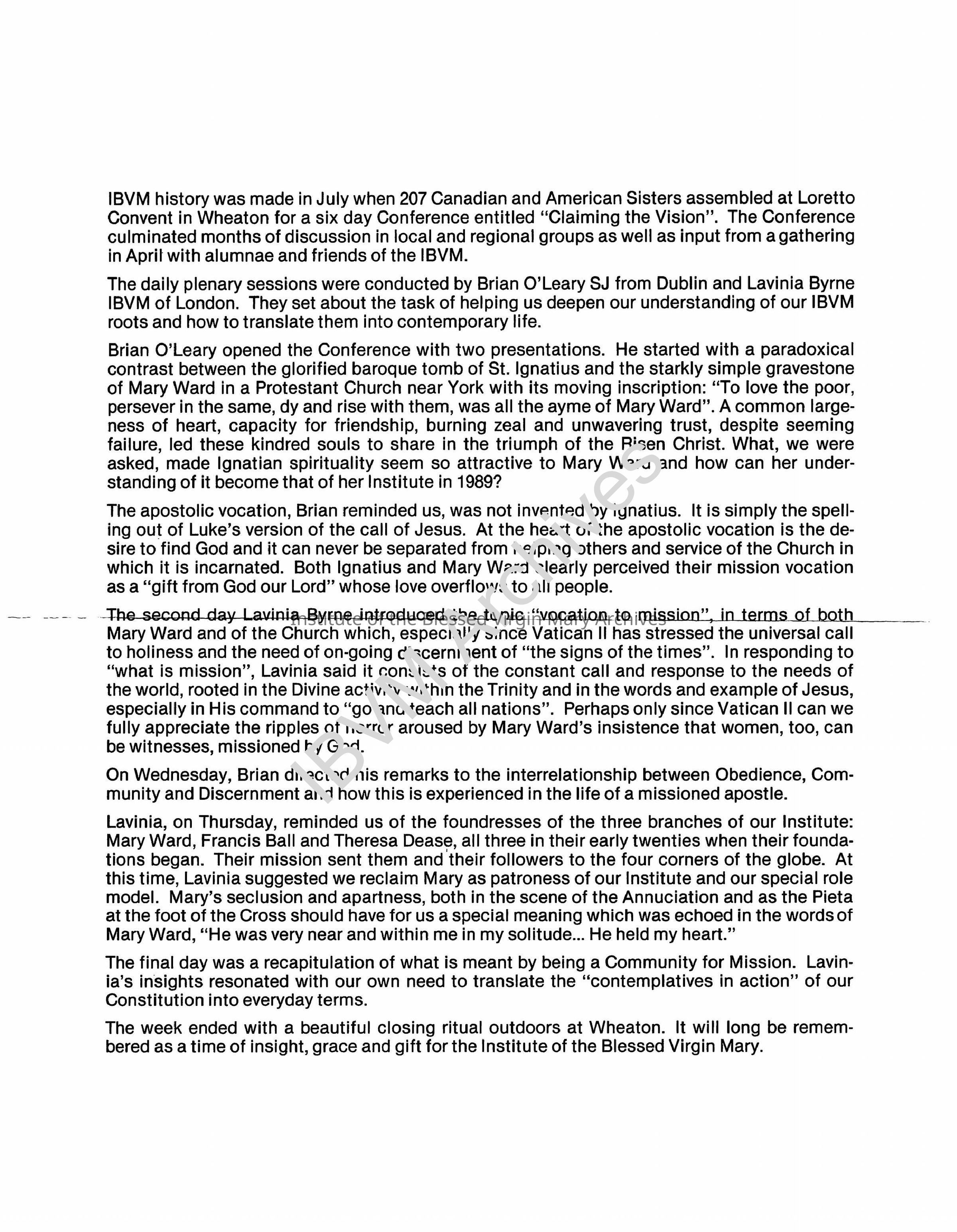 Report on the "Claiming the Vision" Conference: PDF, Watermarked