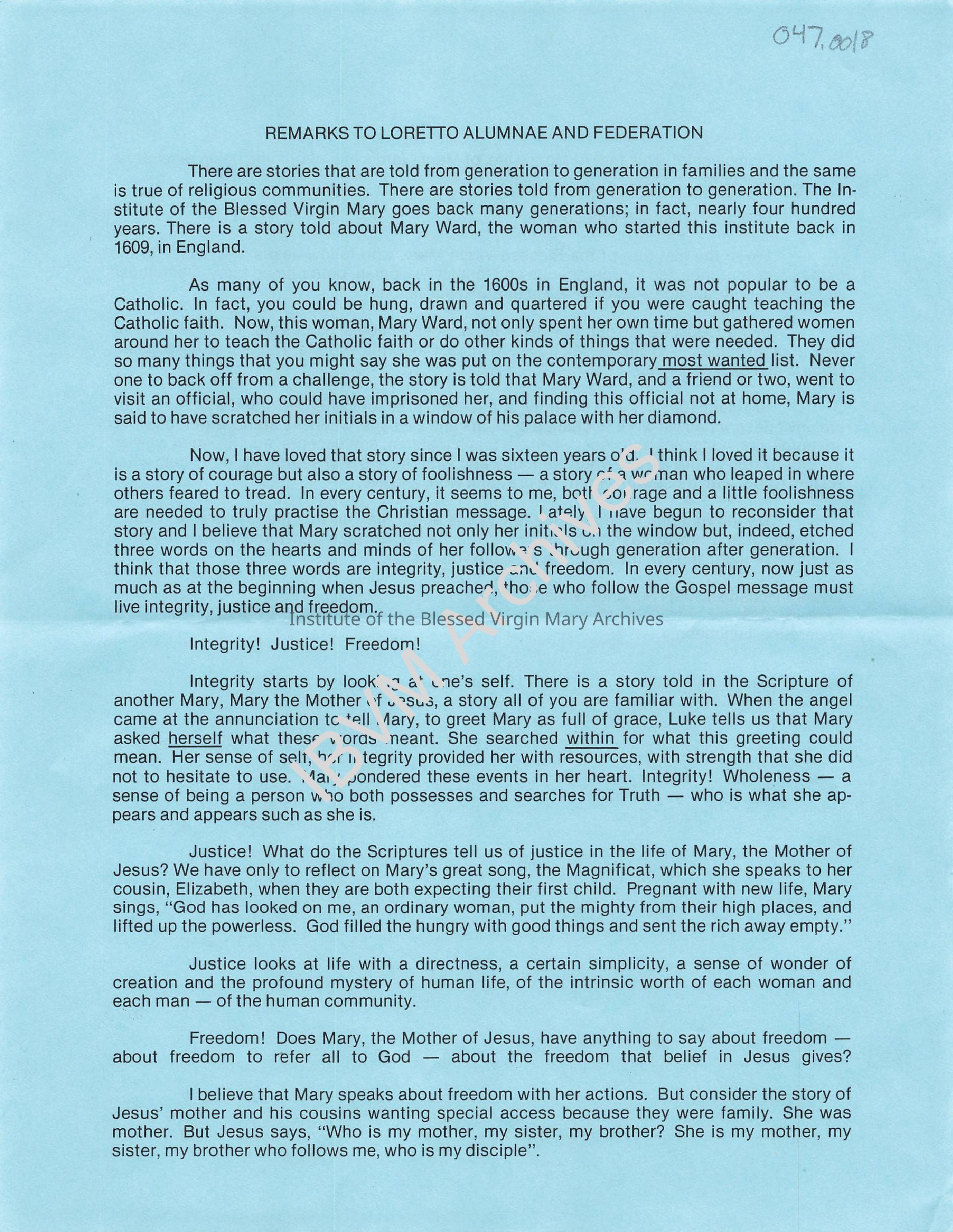 Remarks to Loretto Alumnae and Federation: PDF, Watermarked
