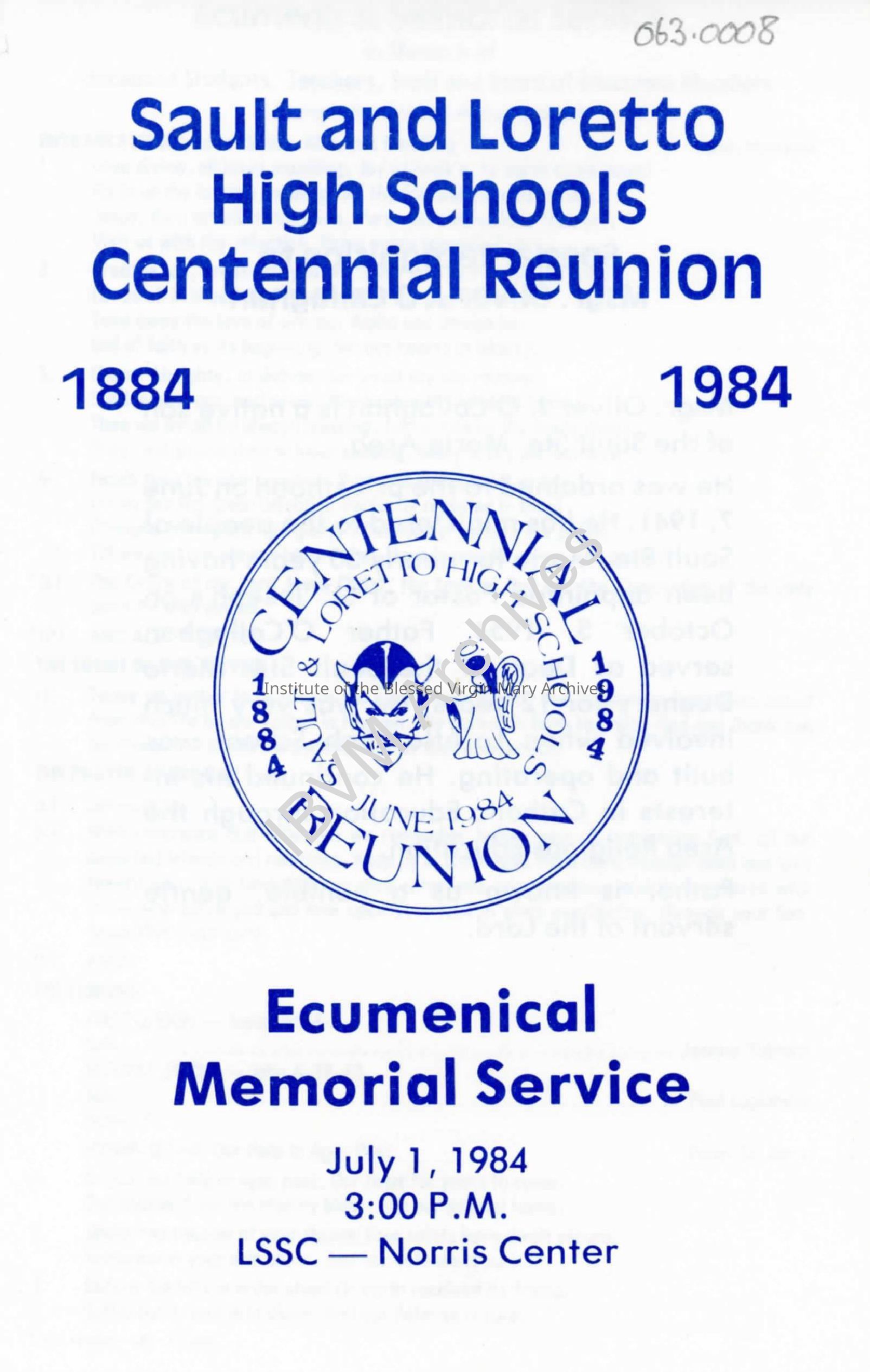 Sault and Loretto High Schools Centennial Reunion Ecumenical Memorial Service Program, 1984: PDF, Watermarked