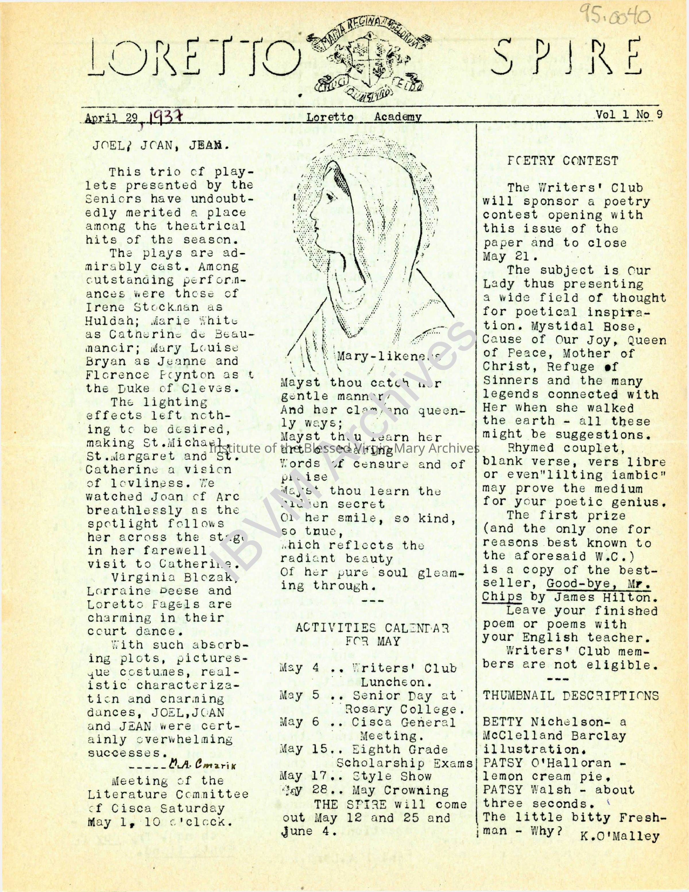 Loretto Spire, Volume 1 No. 9, 1937: PDF, Watermarked