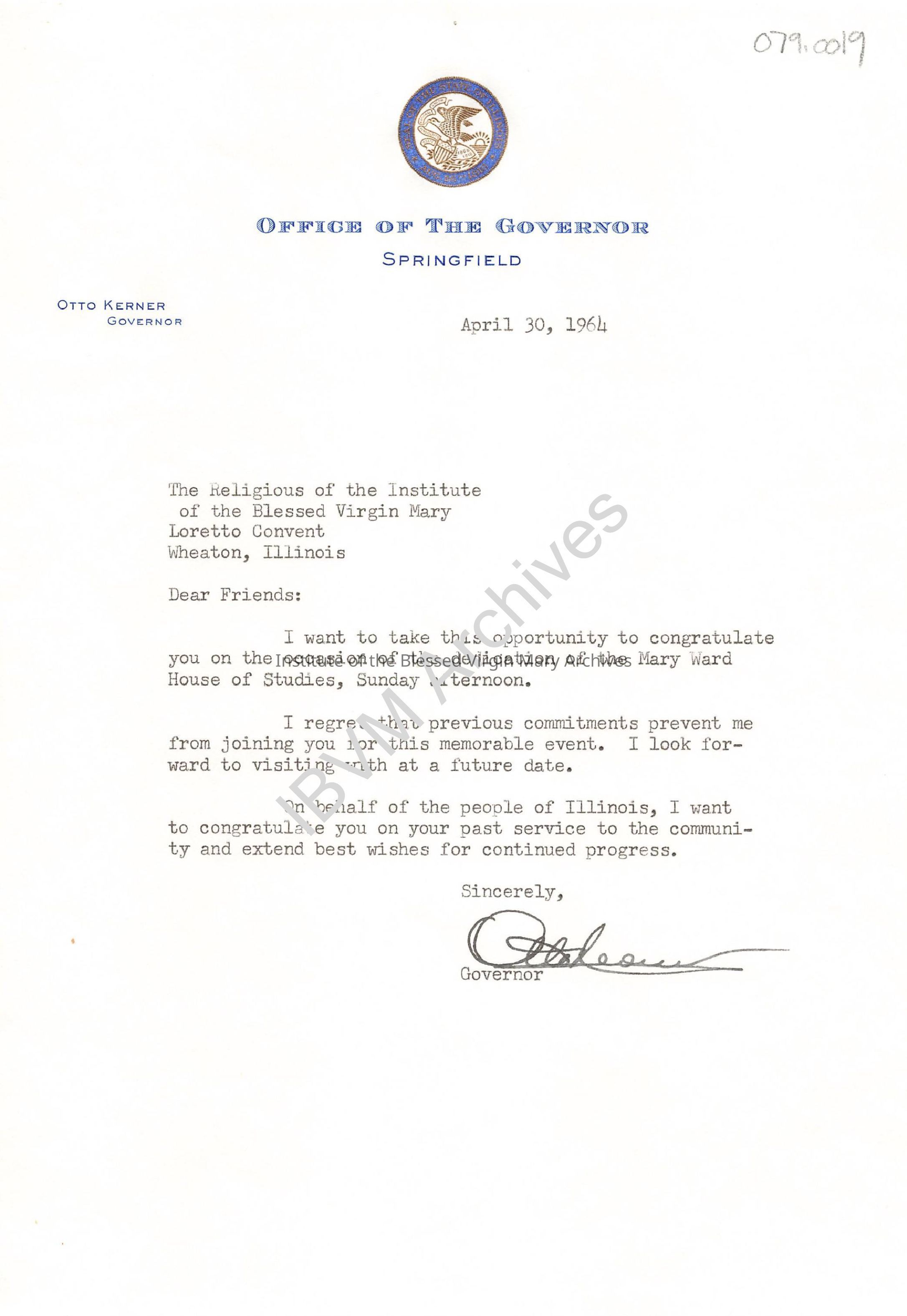 Letter from Illinois Governor Otto Kerner: PDF, Watermarked
