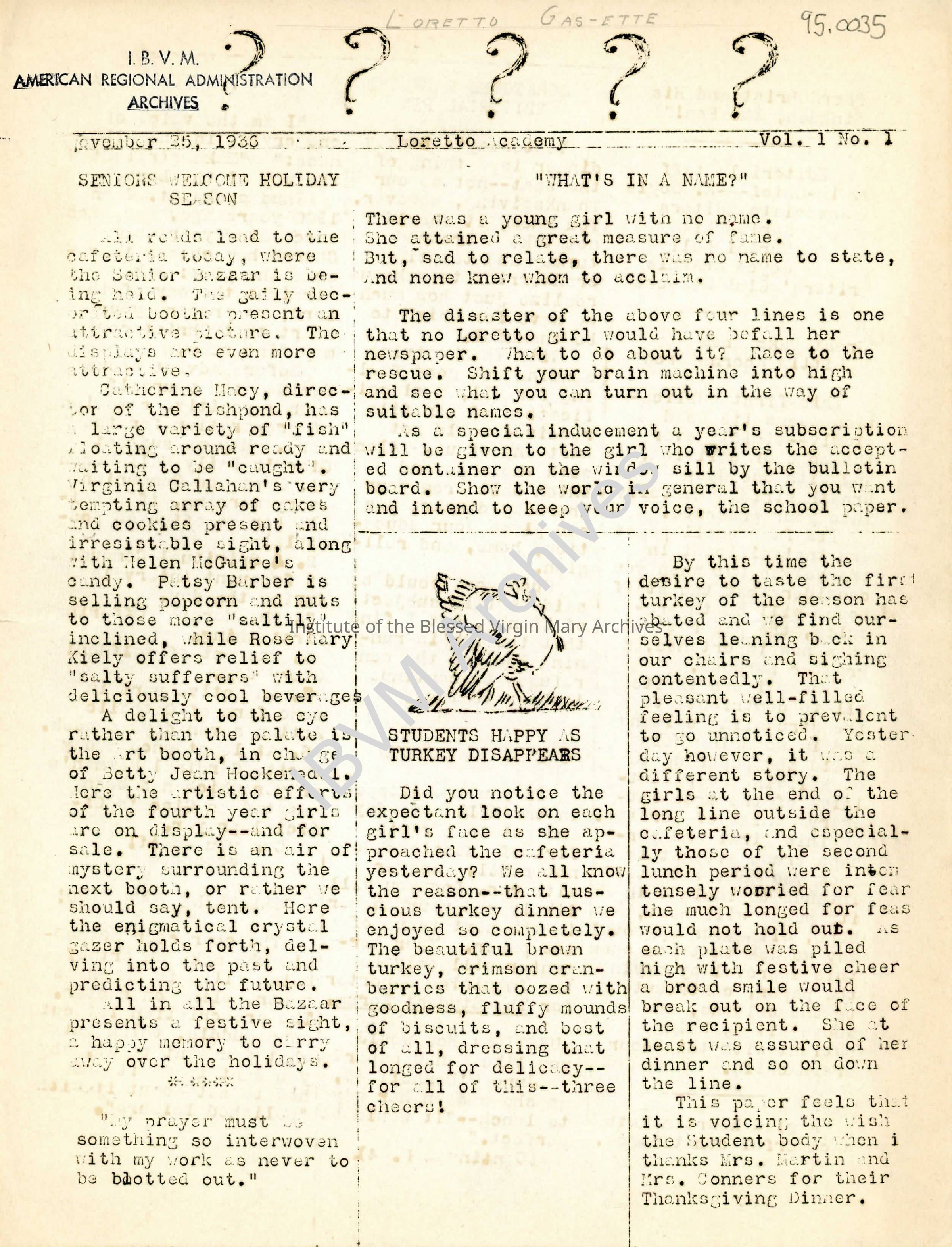 Loretto Spire Newsletter, Volume 1 No. 1, 1936: PDF, Watermarked