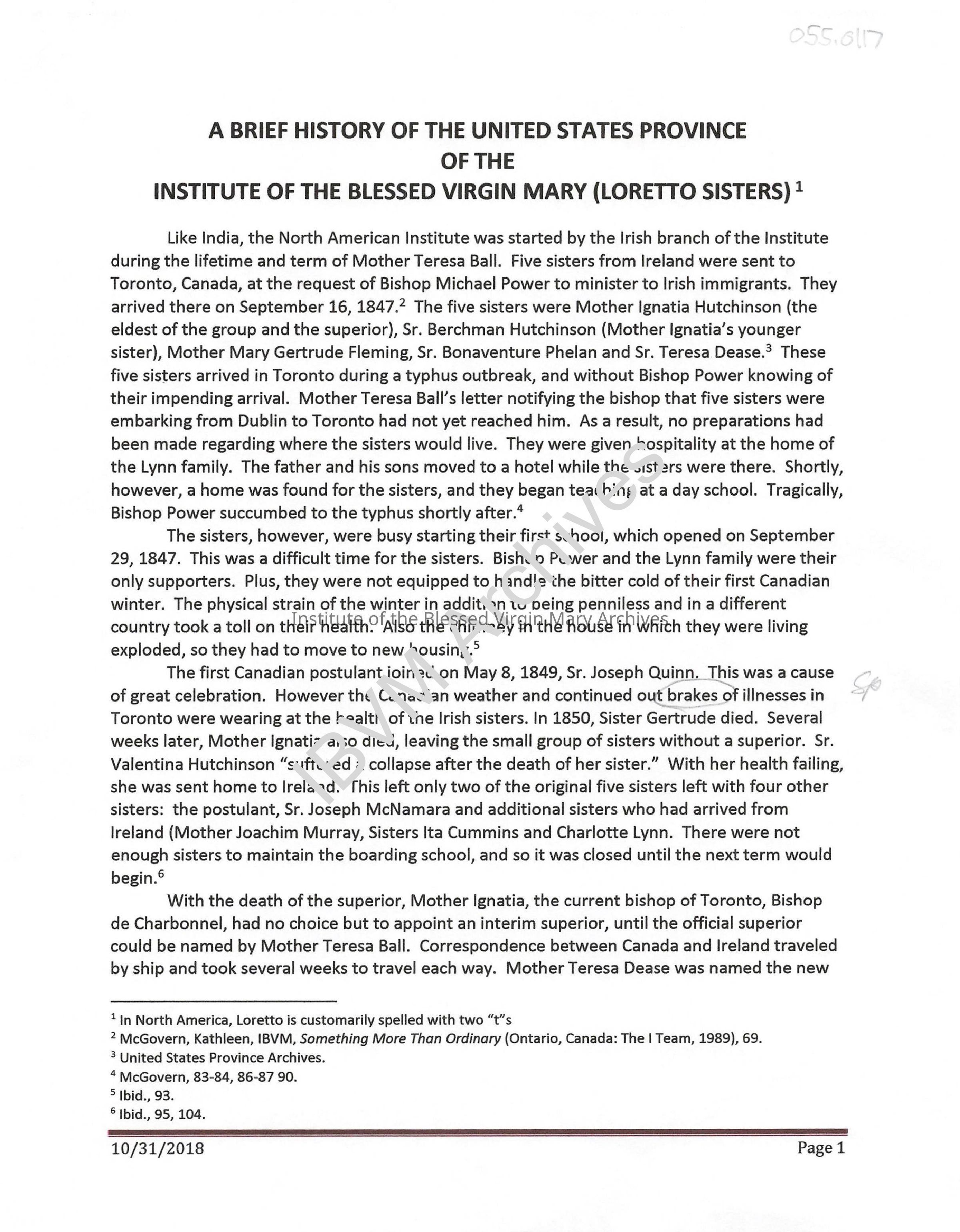 Brief History of the U.S. Province of the IBVM: PDF, Watermarked