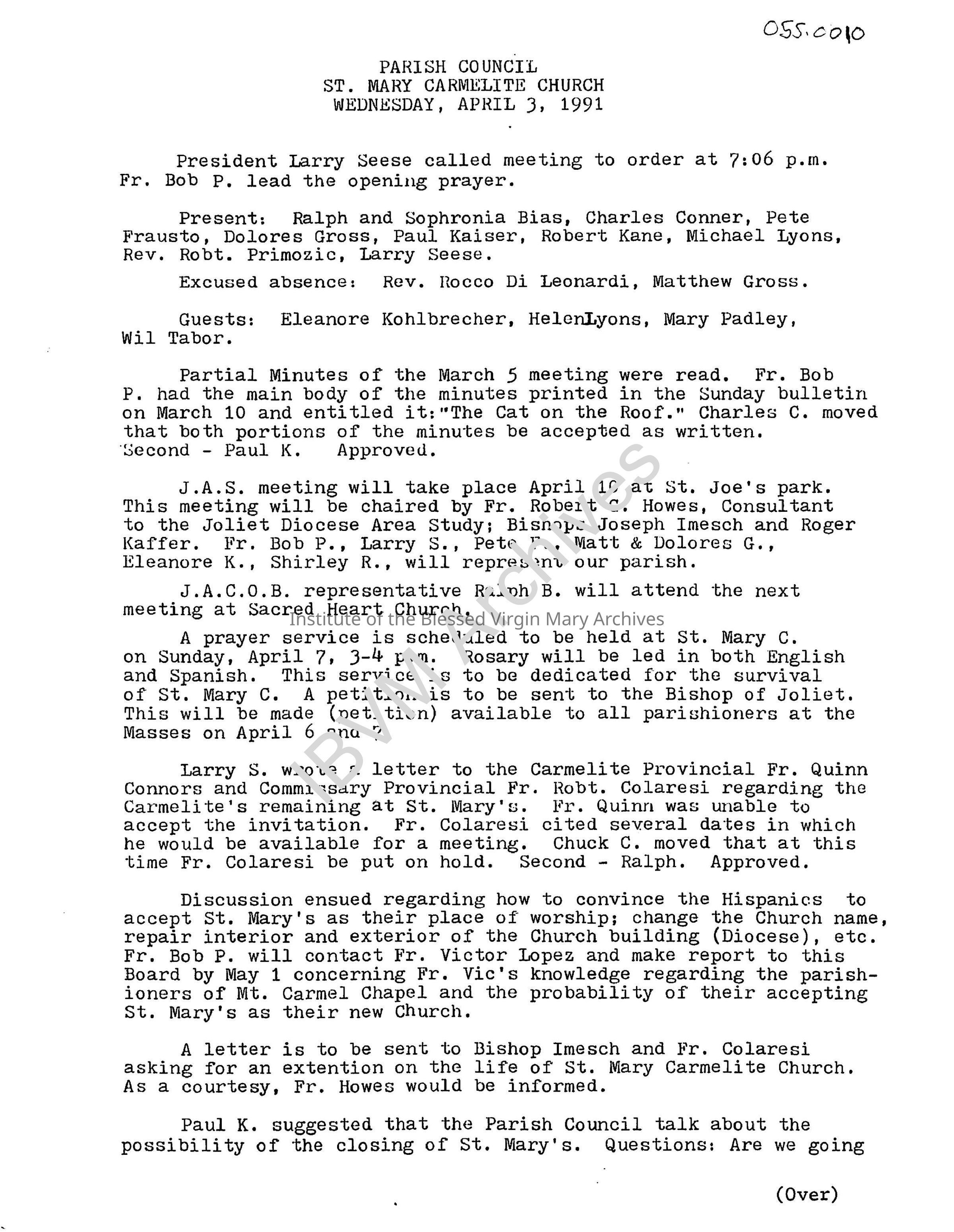 St. Mary's Carmelite Church Parish Council Minutes: PDF, Watermarked