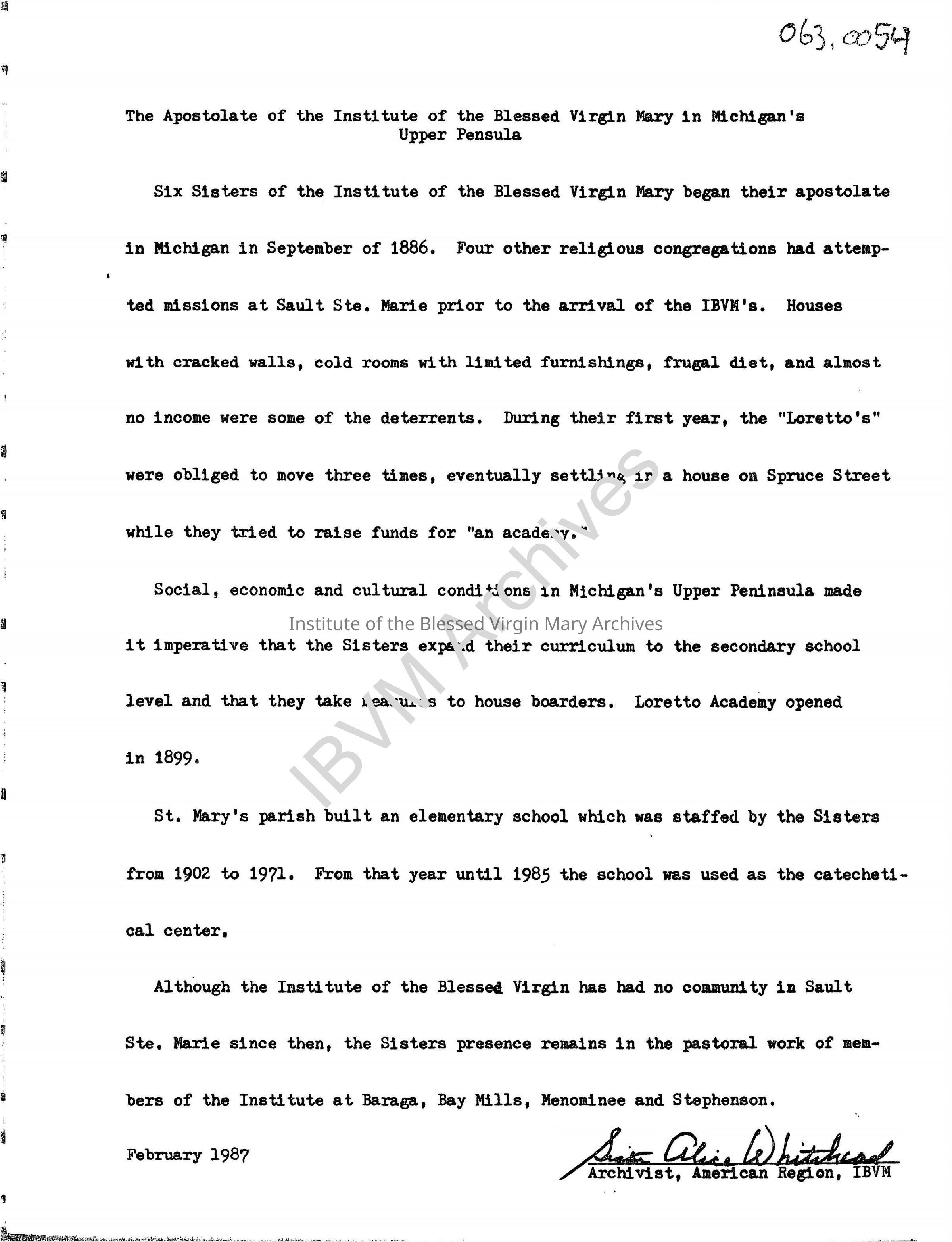 Brief History of the IBVM in Michigan’s Upper Peninsula: PDF, Watermarked