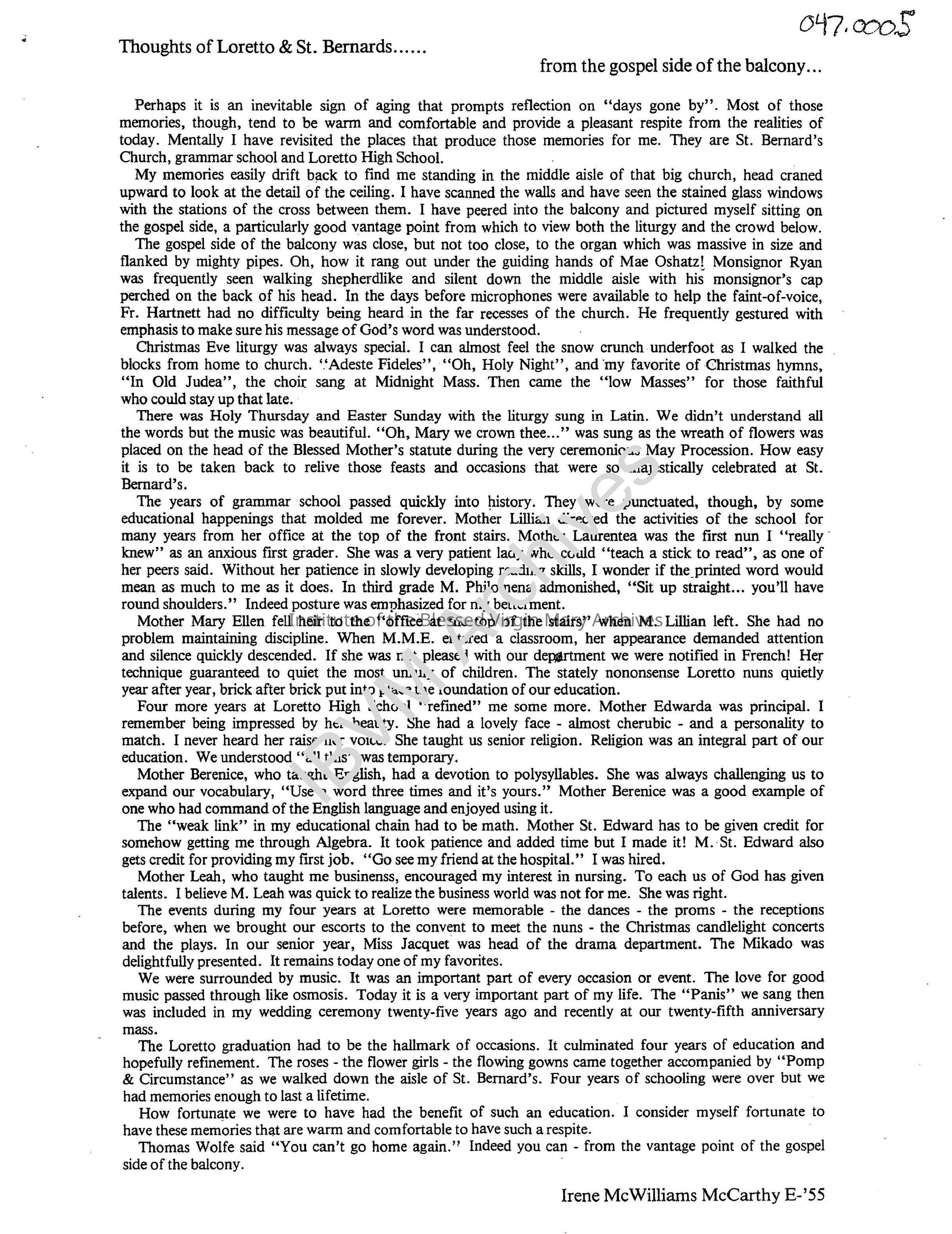 Thoughts of Loretto and St. Bernard's: PDF, Watermarked