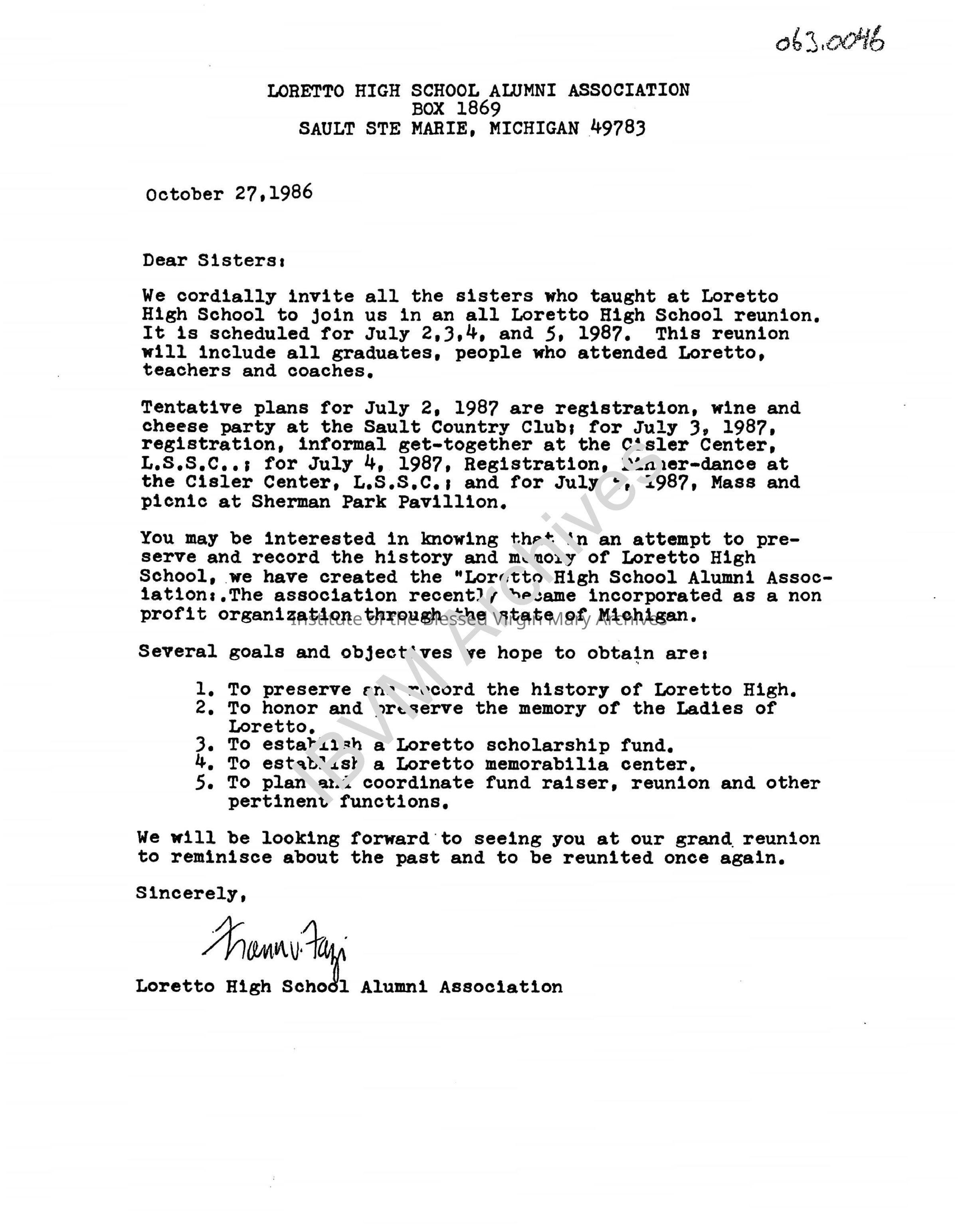 Letter from the Loretto High School Alumni Association: PDF, Watermarked